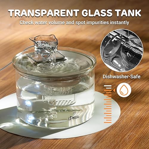 Miniatura 2 de iPettie Fuente de agua de vidrio para gatos, fuente de agua con boquilla de 68 oz/2 L para gatos y perros con 2 cabezales rociadores, filtración de