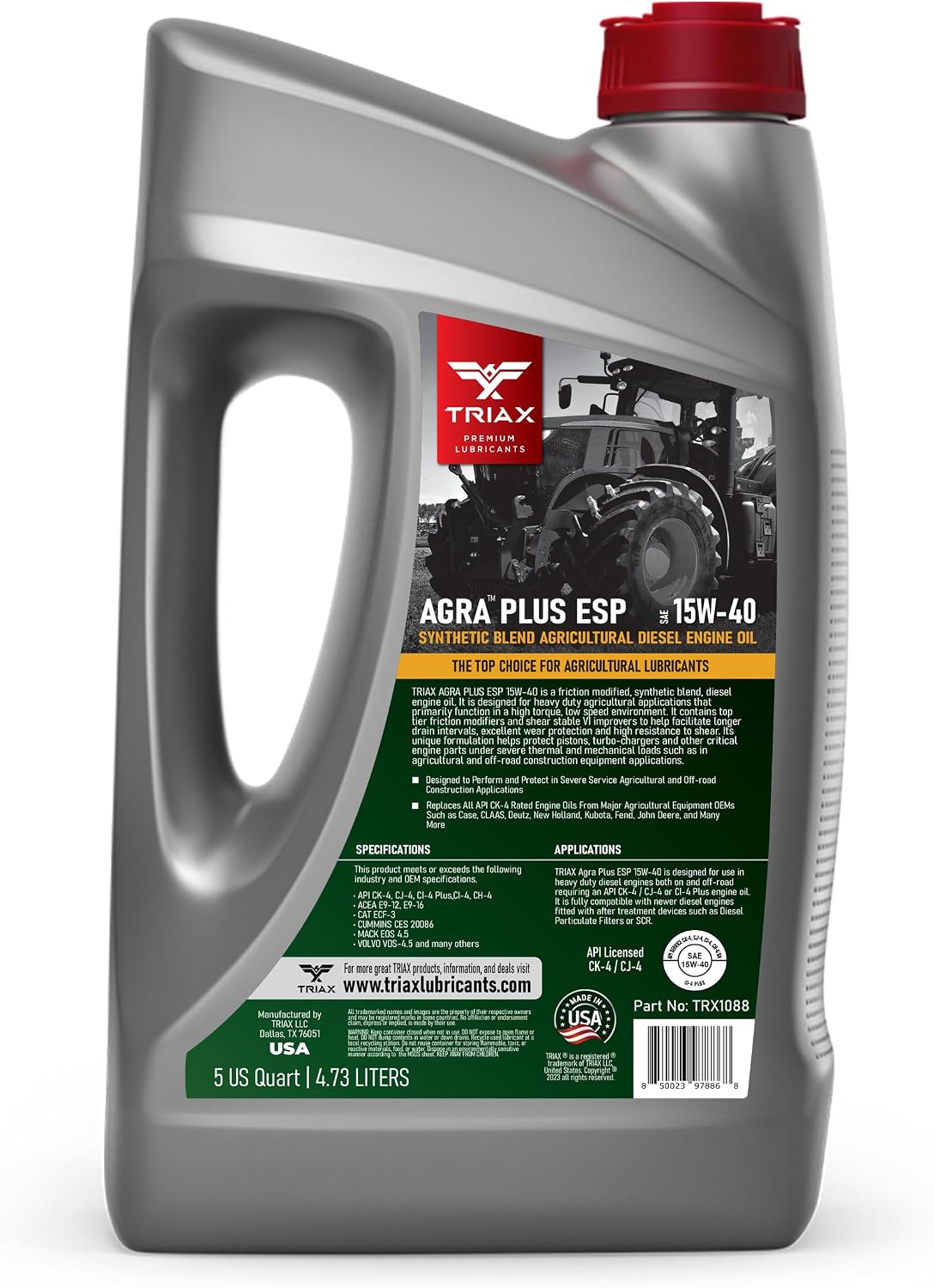 TRIAX Agra Plus ESP 15W-40 CK-4 Syn-Blend Diesel Engine Oil for Farm and Off-Road Equipment - API Licensed | Fo (5 Quart - 3 Pack)