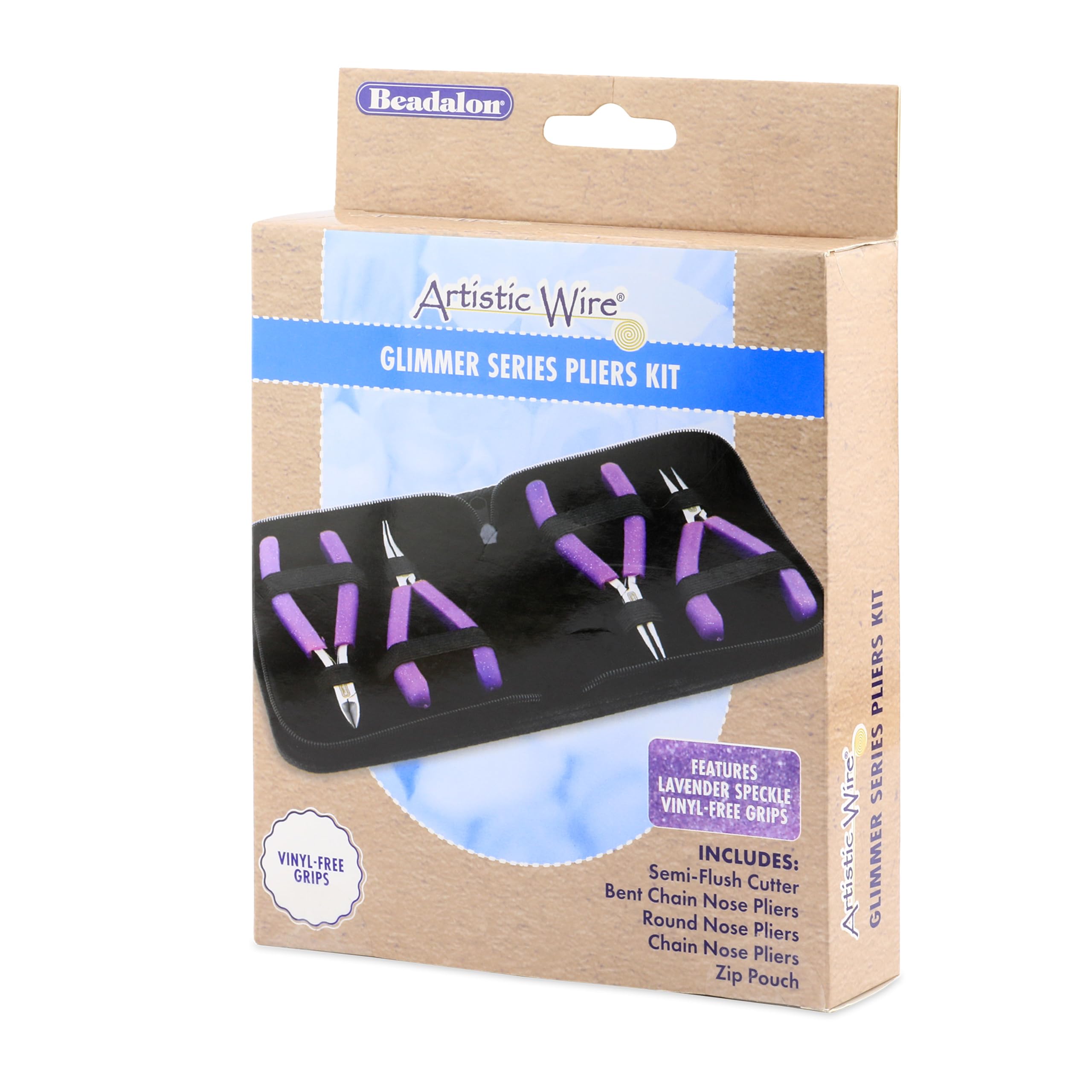 Beadalon Designer Series Glimmer Pliers Kit, Lavender Speckle Vinyl-Free Grips, Chain, Bent Chain, Round, Semi-Flush Cutter, 4.75 in ea, 4 pc with Zip Pouch