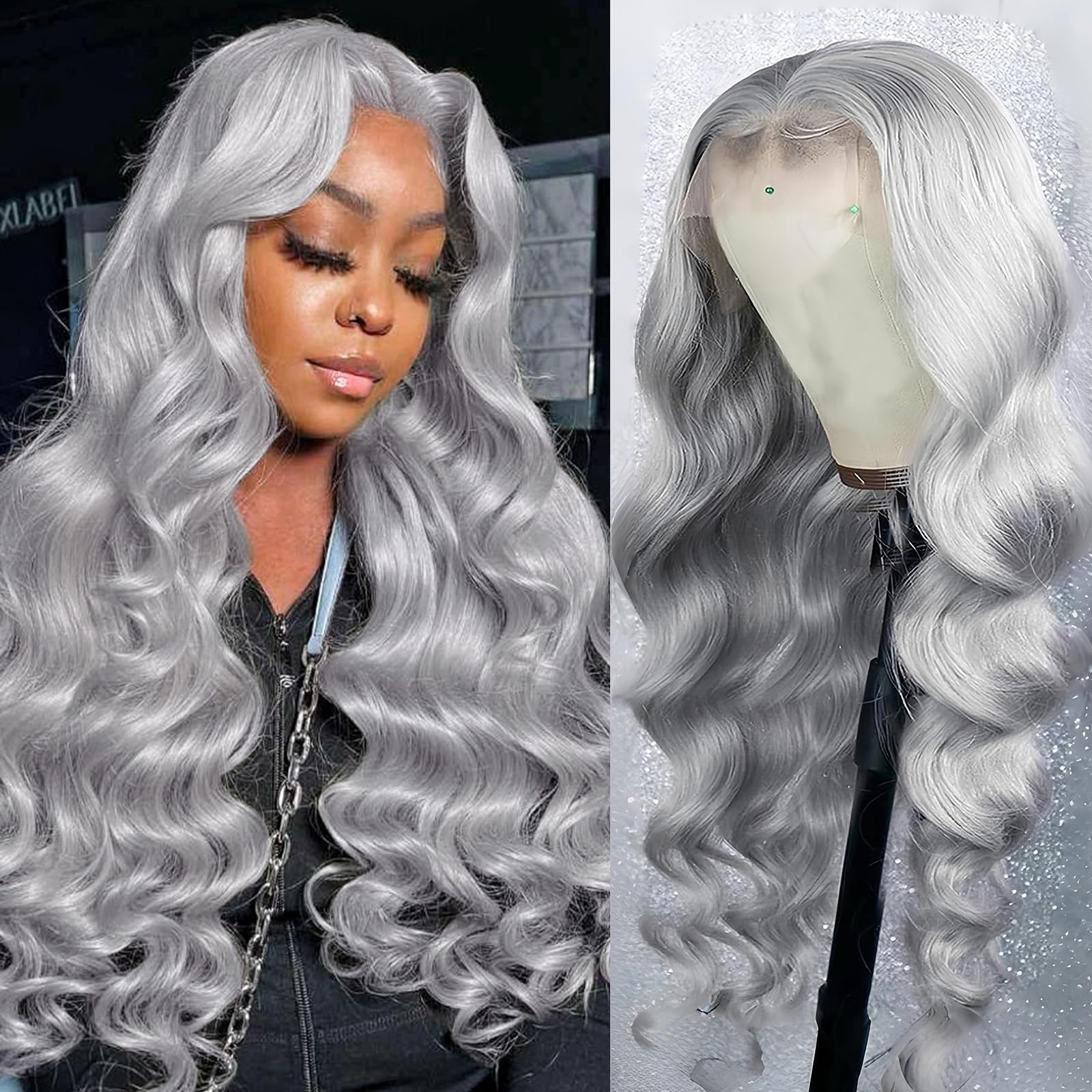 ELFSECRET Grey Lace Front Wigs Human Hair Silver Grey 13x6 Body Wave Wig Human Hair Pre Plucked with Baby Hair 180% Density Glueless HD Lace Frontal
