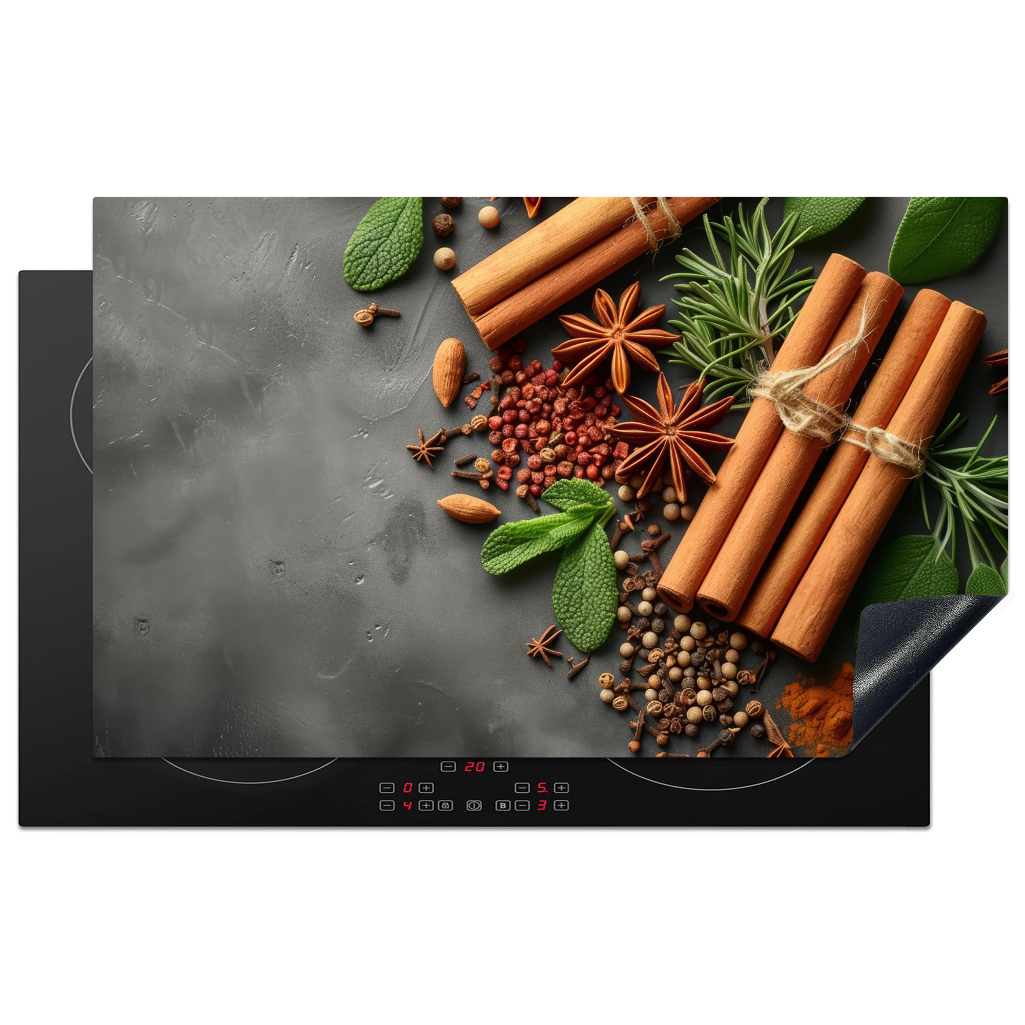 KitchenYeah© Induction Hob Cover Protector Mat 20.3"x32.7" / 83x51.5 cm Kitchen Universal Ceramic Covers for Electric Cookers Vinyl Cinnamon - Spices - Concrete - Leaves - Cuisine