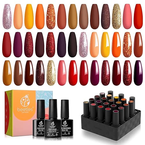Beetles 23Pcs Gel Nail Polish Kit 20 Colors with Base Gel Top Coat Orange Brown Burgundy Red Gel Polish Set Soak off Uv Golden Glitter Holiday Nail Art Gift for Girls - Mirror of Soul