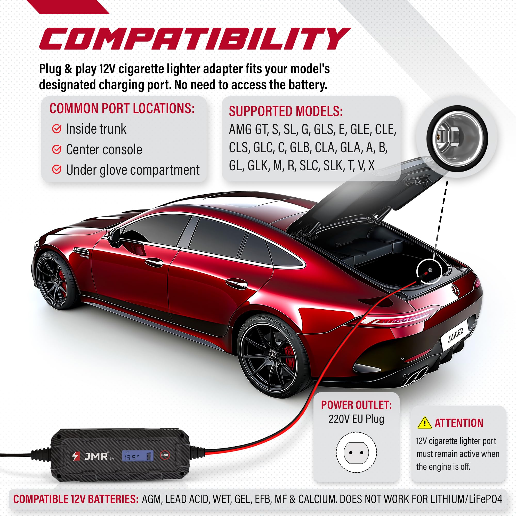 JMR Battery Charger for Mercedes-Benz AMG GT S Class G E C GLE CLS All Models Trickle Charger Conditioner Maintainer (12V Cig Port, No Lithium Mode)