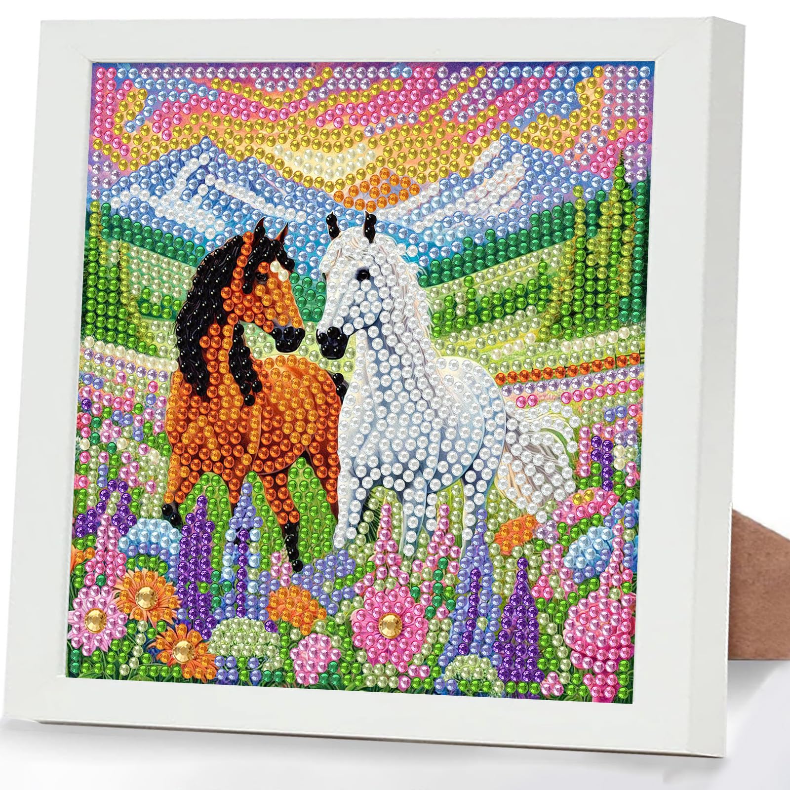GHHKUD Horse Diamond Art Kits for Kids with Frame, Animal 5D Diamond Painting Kit for Kids Adults, Crystal Small Diamonds Gem Art Crafts Kits Gift for Girls Boys Children Ages 6-8-12(7x7inch)