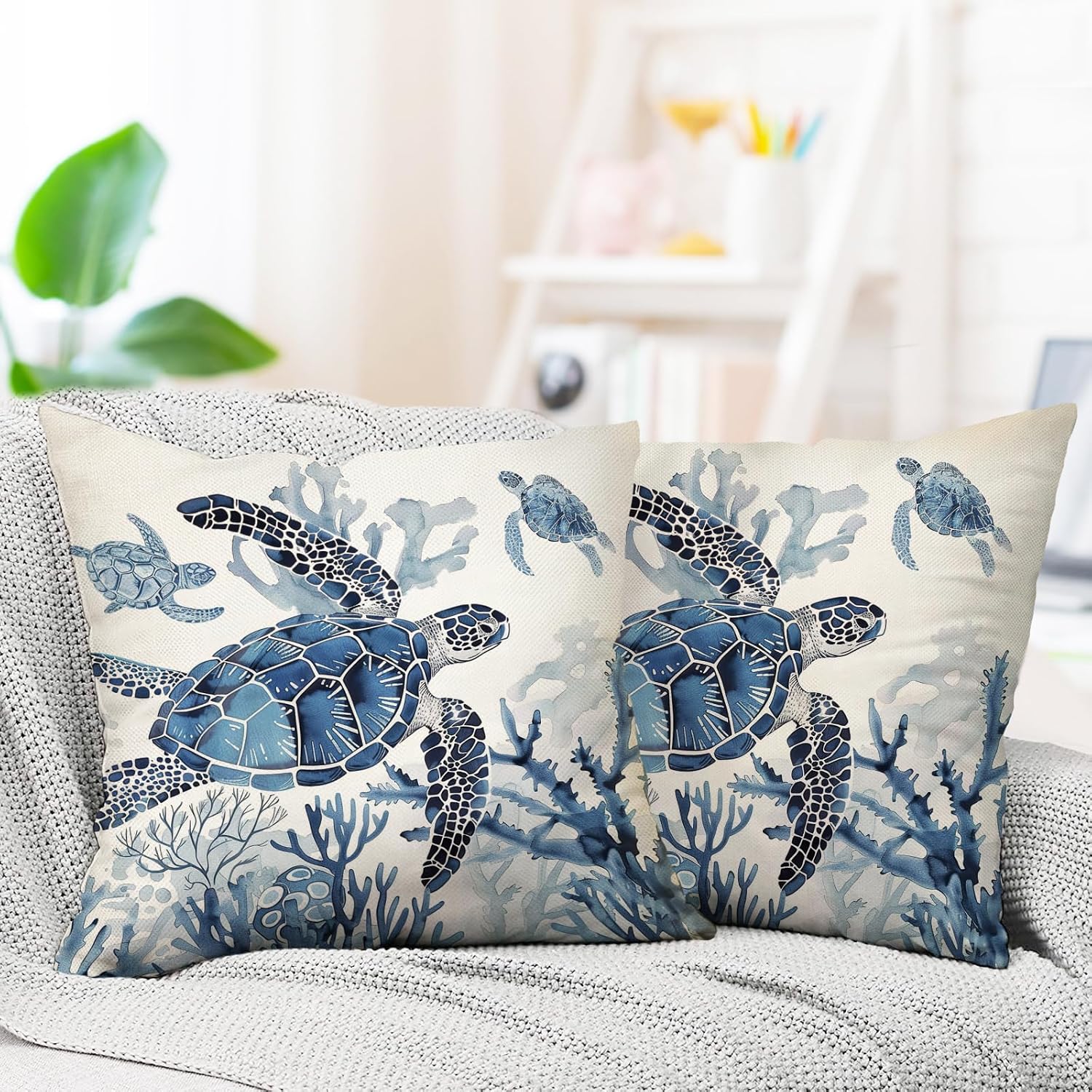 Coastal Beach Blue Sea Turtle Decorative Throw Pillow Covers 18 x 18 Set of 2, Ocean Animal Marine Life Coral Porch Outdoor Home Decor, Nautical Underwater World Sofa Couch Cushion Case image 5