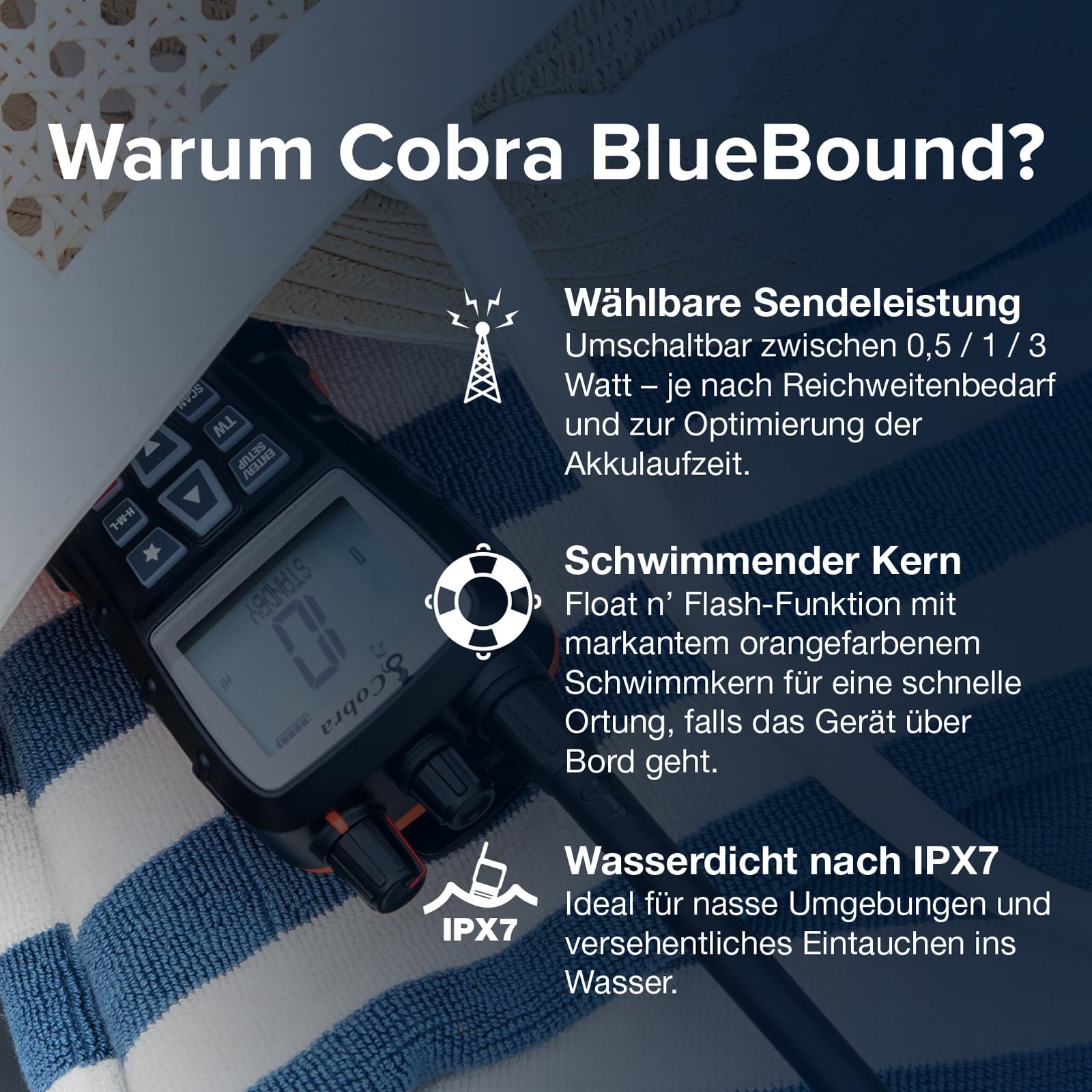 Cobra BlueBound 350 VHF Marine-Handfunkgerät – 6 Watt, schwimmfähig, Float n' Flash, IPX7, wasserdicht, Tag/Nacht-LCD-Display, Tri-Watch, schwarz, 1 Stück