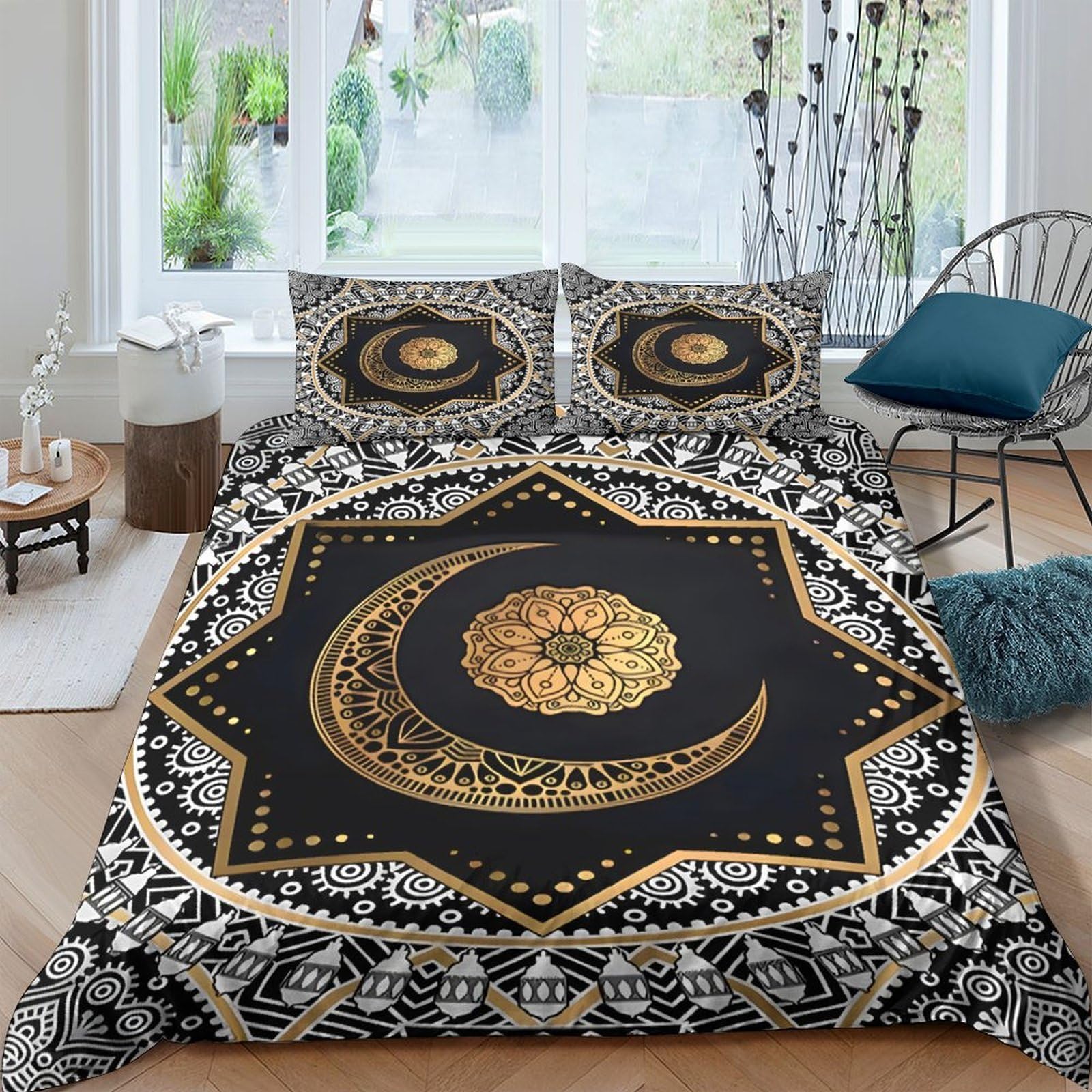 Ctjqhvkz Style-8 3D Printed Mandala Moon Fitted Sheet Microfiber Soft Black Gold Sun Bed Cover For Bedroom Guest Room Decor Mattress Protection Single（135X200cm）