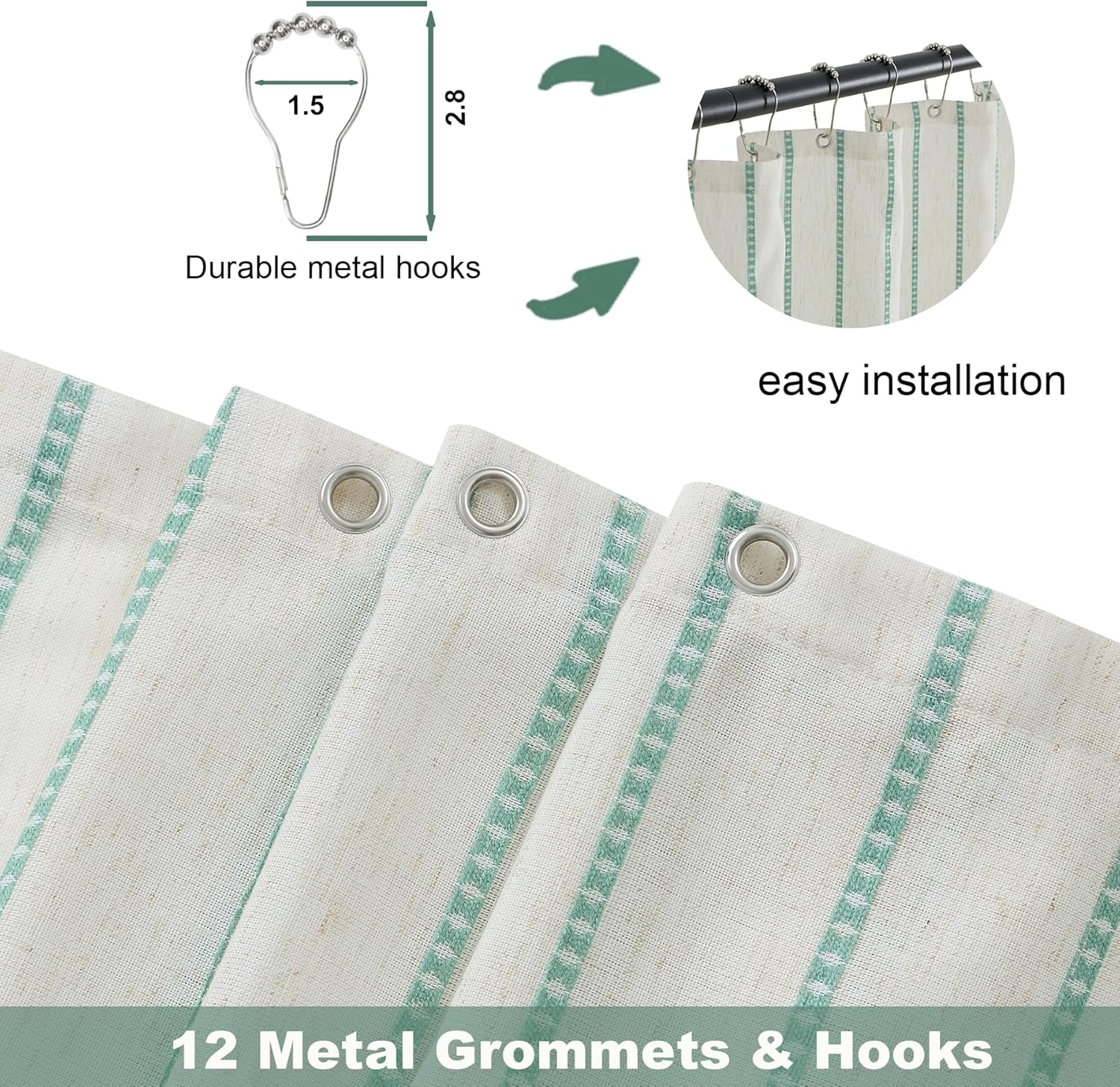 PROCIDA Green Shower Curtain-Stripeddot Striped, 72x72 Inch Yarn Dyed Linen Blend Cloth Fabric Bathroom Curtain with 12 Metal Hooks, Bath Curtain for Modern Farmhouse Bathrooms