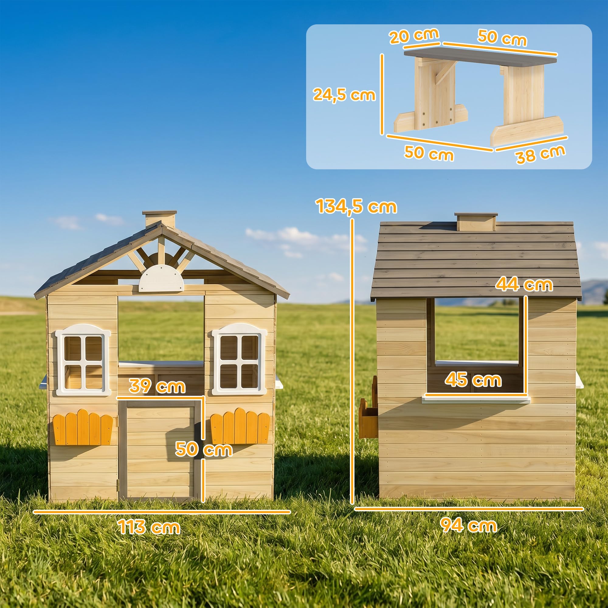 Outsunny Spielhaus Kinderspielhaus aus Holz mit Tür Fenster Briefkasten Blumentopfrack Gartenhaus für Jungen und Mädchen 3-7 Jahre Kinderspielzeug für Outdoor & Indoor Natur