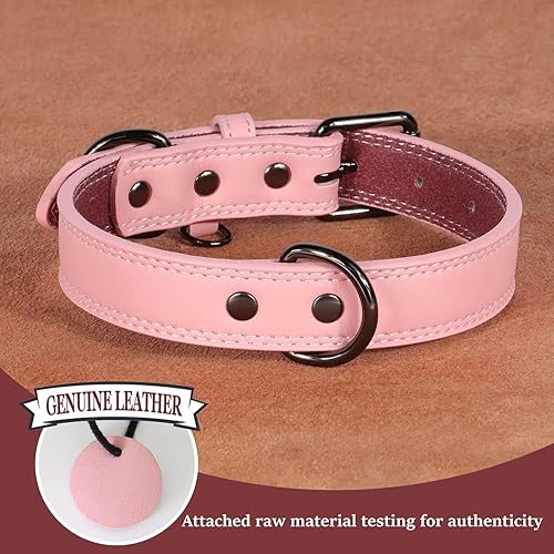 Miniatura 2 de Didog Collar de perro de cuero genuino, duradero y suave, resistente con anillos dobles en D, collar de perro rosa ajustable con hebilla de metal