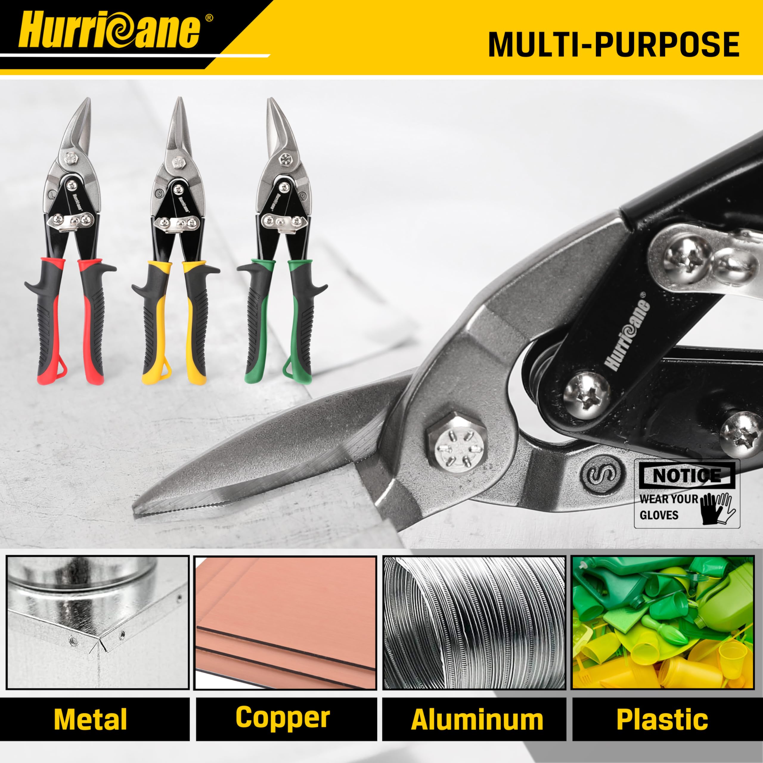 HURRICANE Set di 3 pz di forbici da latta per l'aviazione, cesoie per metalli, acciaio al cromo vanadio, dritte, destra e sinistra, impugnatura ergonomica TyreGrip