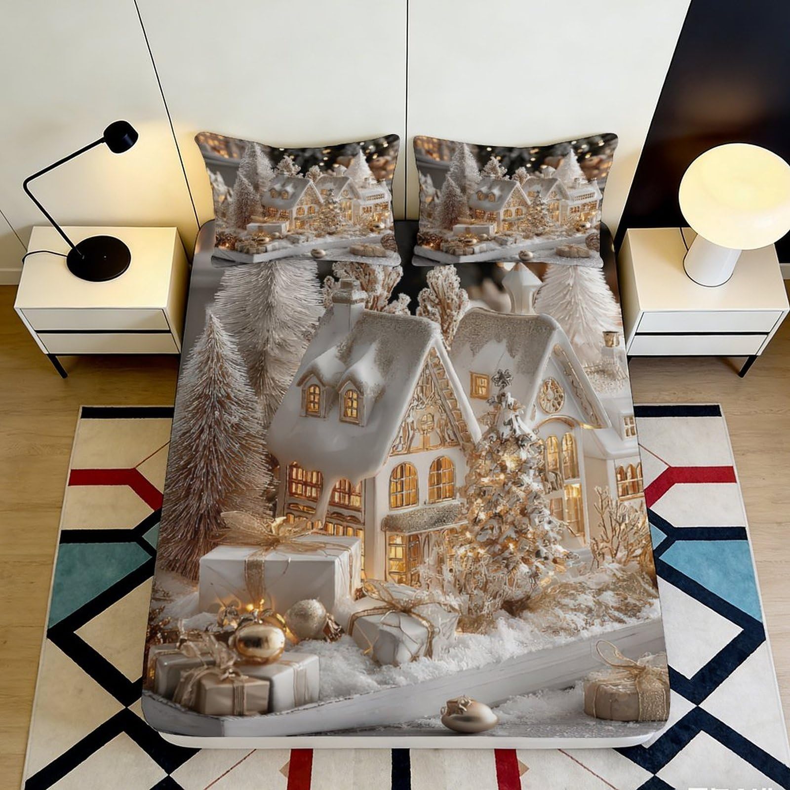 Pnayamiorkfel Style-7 3D Printed Winter Village Fitted Sheet Microfiber Soft Christmas Scene Bed Cover For Bedroom Guest Room Decor 90X200x25cm