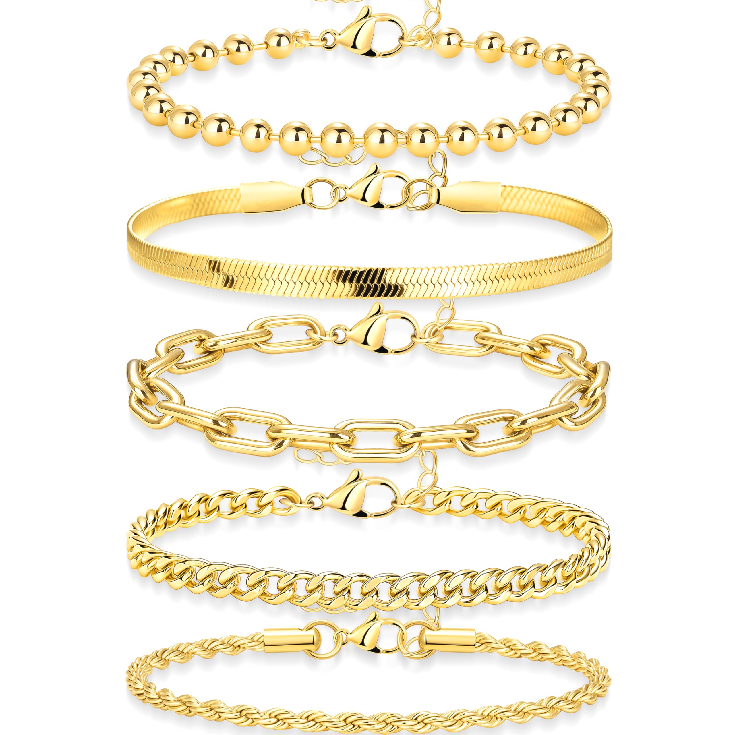 PoxtexGold Bracelets for Women Non Tainish,Dainty Bracelets Stack for Women Trendy, Gold Plated Cuff Stackable Bracelets With Beaded Cuban Paperclip Snake Rope Bangle Hand Chain Jewelry Gifts for Women