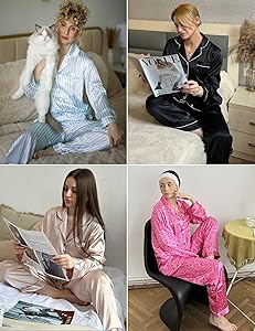 Ekouaer Silk Pajamas for Women Classic Button Down Satin Pajama Sets Long Sleeve Lounge Set