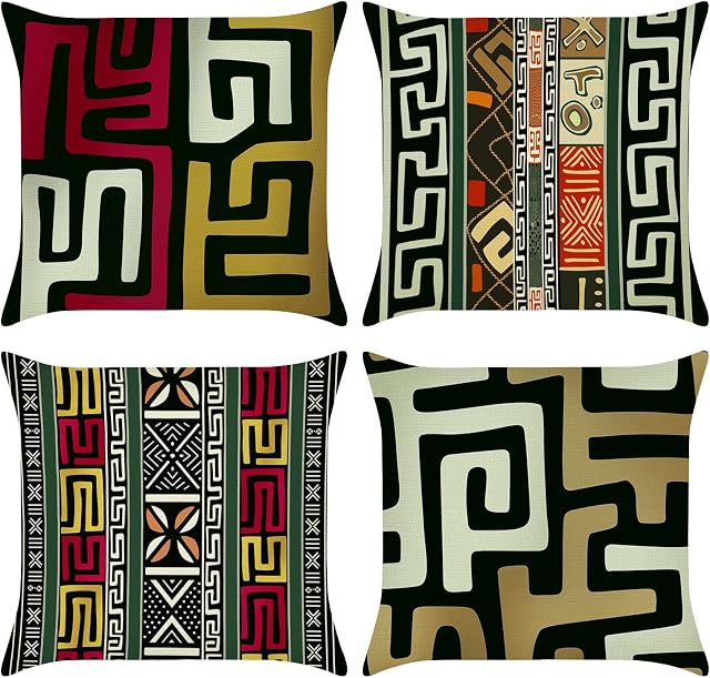 Bonhause African Tribal Geometric Cushion Covers 18 x 18 Inch Set of 4 Ethnic Inspired Earth Color Decorative Throw Pillow Covers Polyester Linen Pillowcases for Sofa Couch Bed Home Decor, 45 x 45 cm