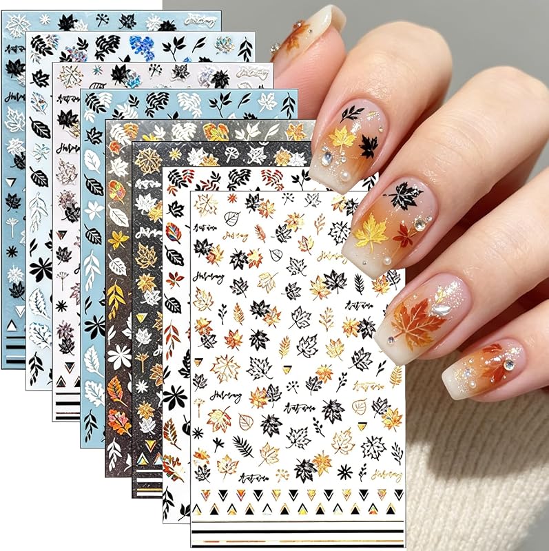 8 Sheets Fall Leaves Nail Art Stickers Gold Maple Leaf Self-Adhesive Nail Decals 3D Stickers Foil Autumn Maple Nail Designs Laser Shiny Manicure Tip Fall Nail Decorations for Thanksgiving Day Supplies
