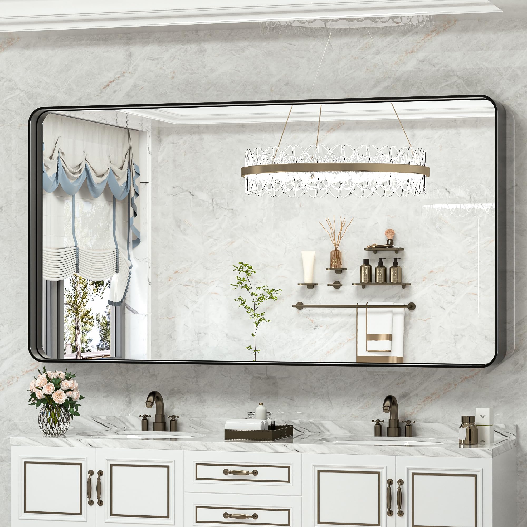 TokeShimi Black Bathroom Mirror for Wall 60 x 28 in Vanity Mirror with Non-Rusting Aluminum Alloy Brushed Matte Metal Frame for Modern Minimalist Farmhouse Home Decor (Horizontal/Vertical)