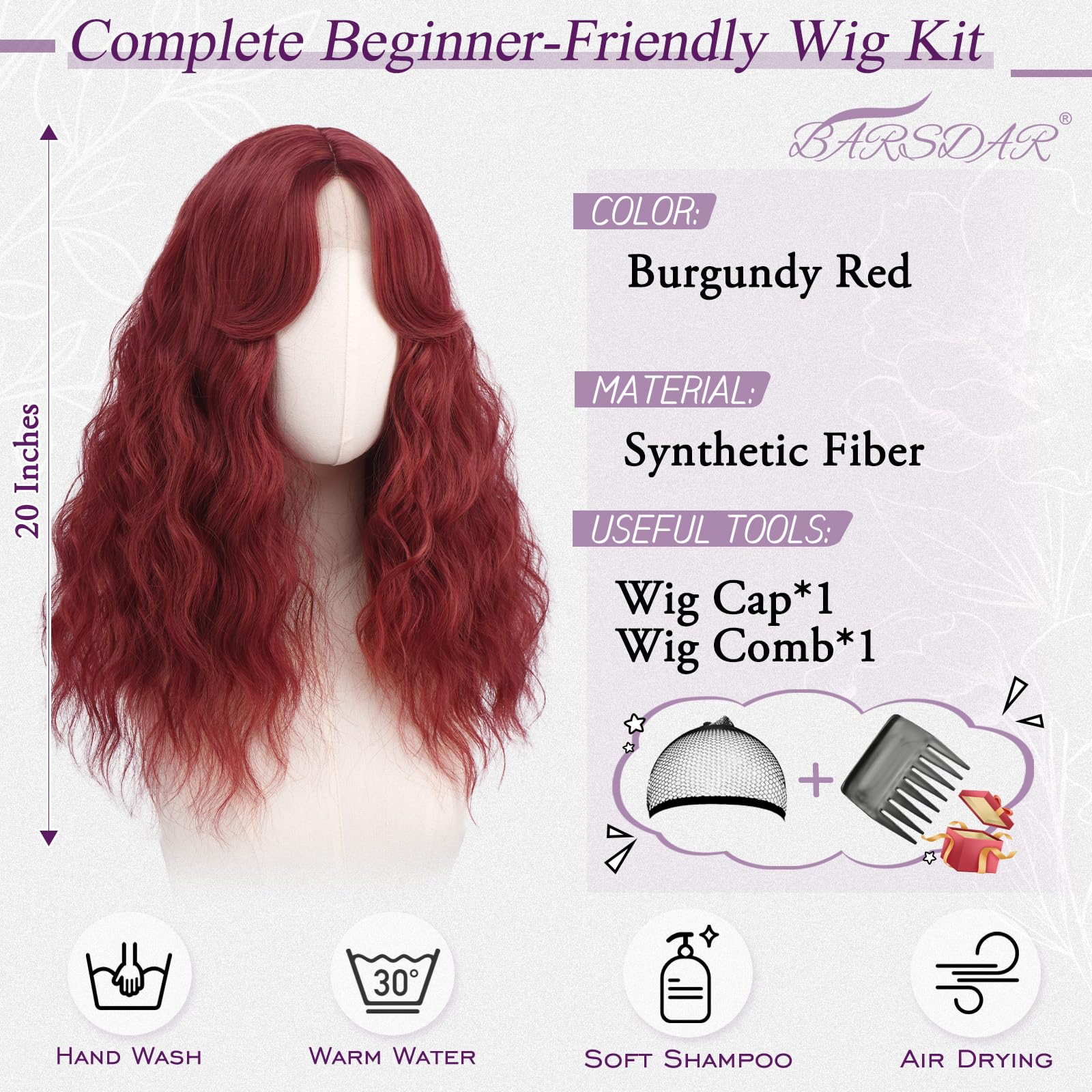 BARSDAR Ricci Ondulato Borgogna Rosso Parrucca 50cm Donna Sintetici