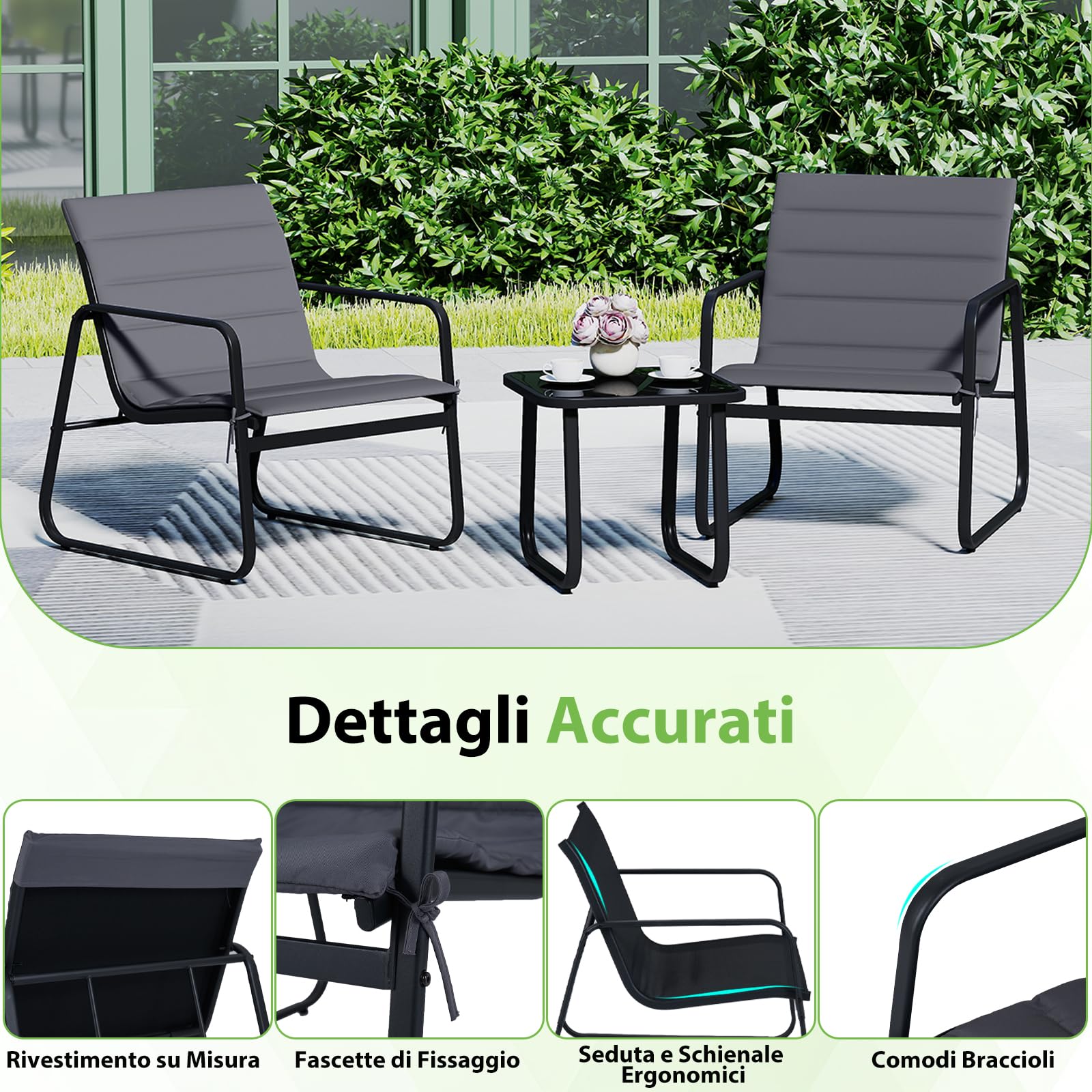 COSTWAY Set Tavolino e Sedie da Giardino, Set Bistrò 3 Pezzi con Cuscini Rimovibili, Tavolo in Vetro Temperato, Struttura in Metallo, per Patio, Cortile e Piscina (Modello 3)