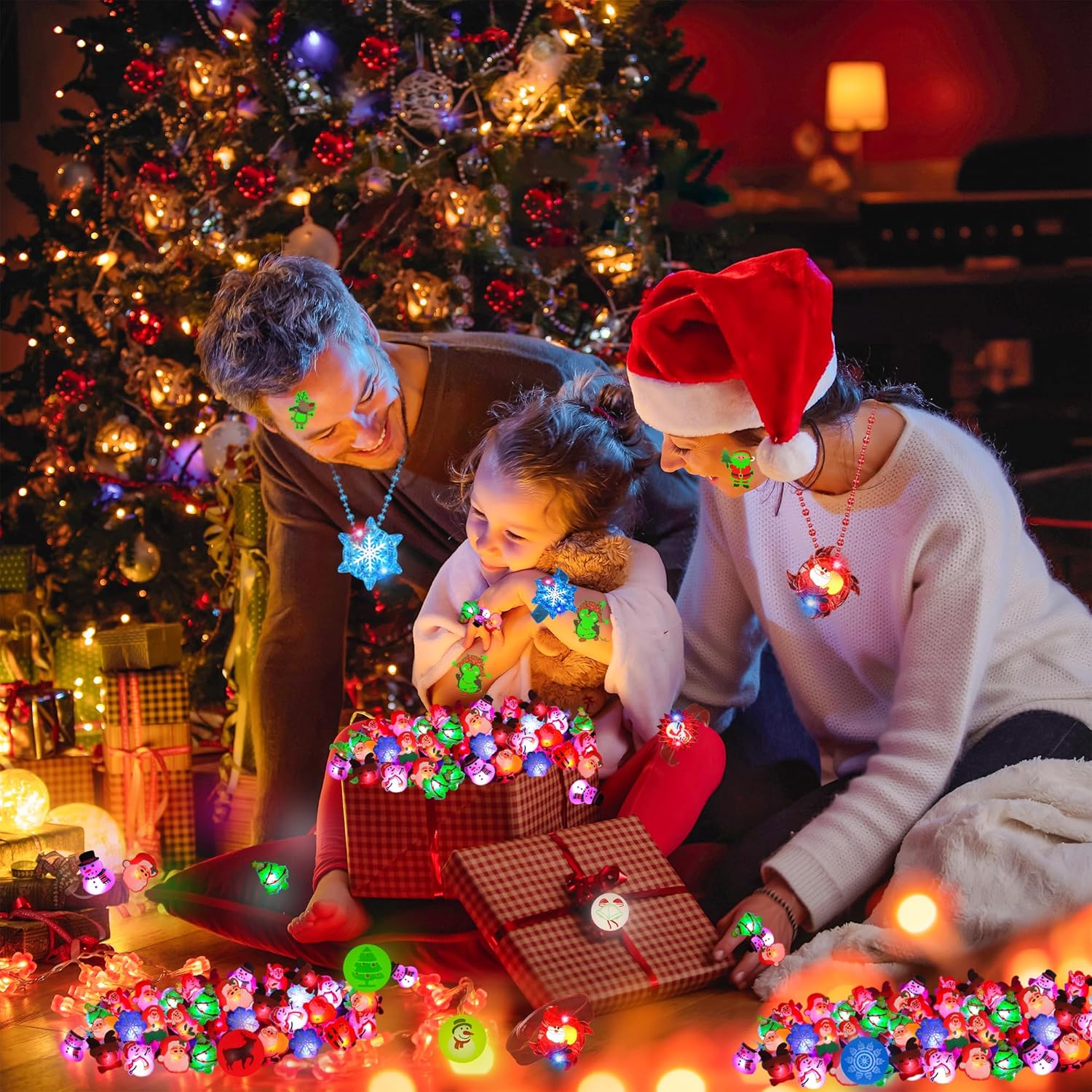 84PCS Christmas Party Favors Glow in The Dark Xmas LED Toys Bulk Christmas Stocking Stuffers Light Up Necklace Bracelet Ring Xmas Treats for Boys Girls Goodie Bag Fillers Classroom Prizes Holiday Gift