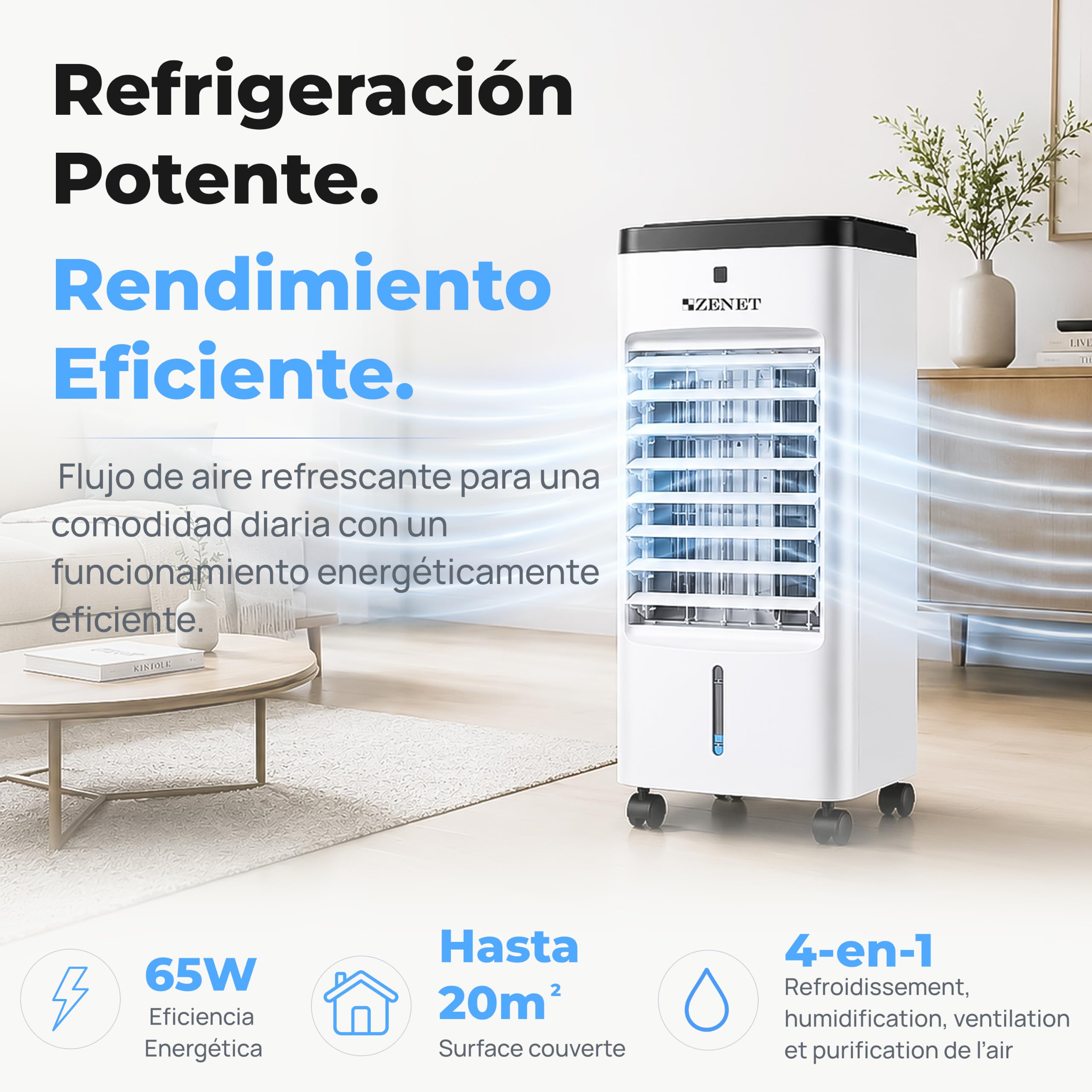 ZENET Aire Acondicionado Portátil 4 en 1, Climatizador Evaporativo 3.5L 65W | Ventilador con Agua, Enfriador, Humidificador, Purificador de Aire, Silencioso, Mando, para Hogar y Oficina, Sin Instalación