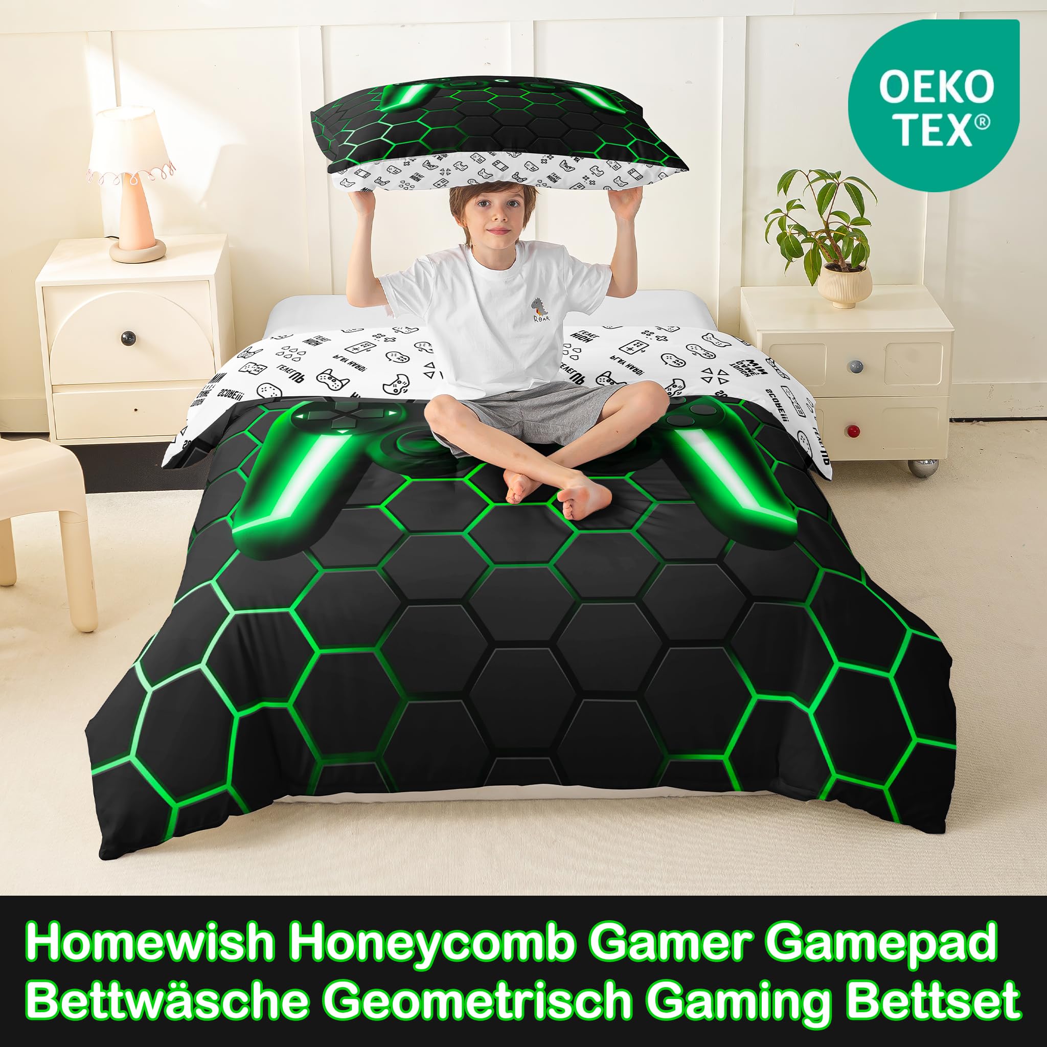 Homewish Juego de ropa de cama geométrica con diseño de panal de abeja, juego de ropa de cama para niños, adolescentes, jóvenes, colmenas, hexágonos, 2 unidades, 155 x 220 cm, gris y verde