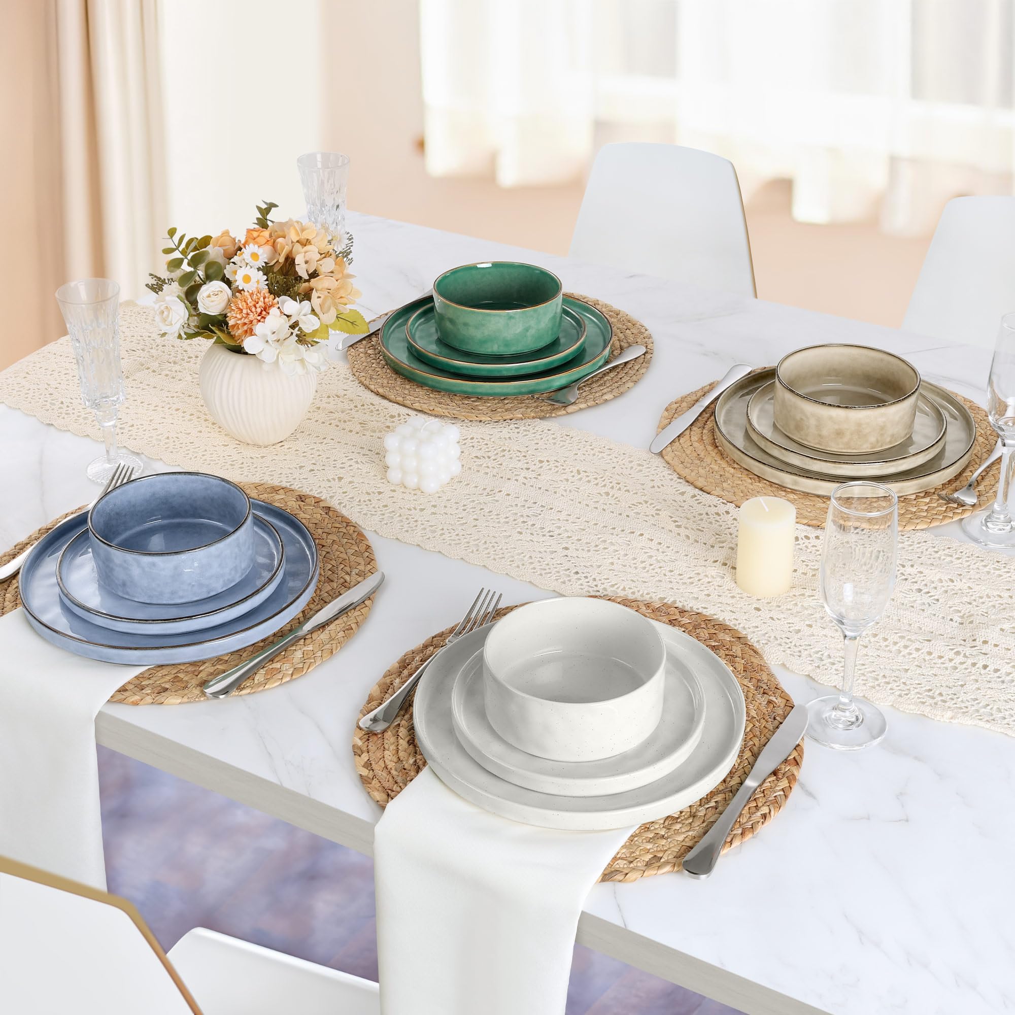 LIANYU 12-teiliges Geschirr-Set, Steingut, Geschirr-Set für 4 Personen, Teller und Schüsseln, Geschirr für Abendessen, Dessert, Nudeln, splitter- und kratzfest, mehrfarbig
