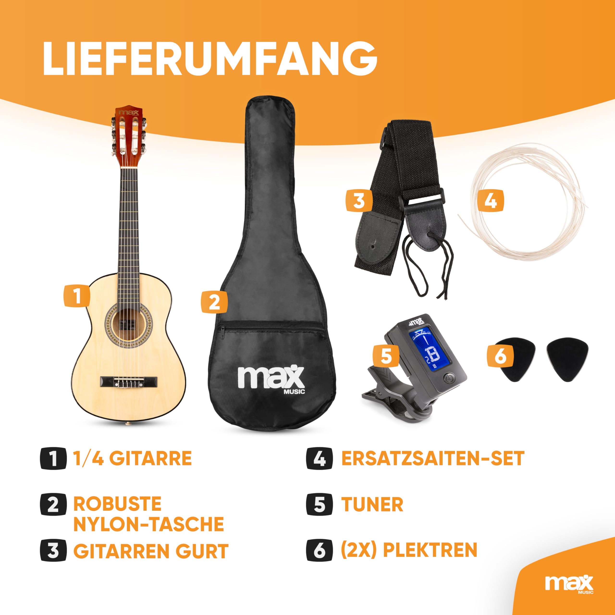 MAX SoloArt - 1/4 Gitarre Kinder ab 3 Jahre - Akustik Gitarre inkl. Gitarrenständer, Tasche, Plektrum, Gurt und Saiten-Zubehör, Kindergitarre 3 Jahre - Guitar in Holz