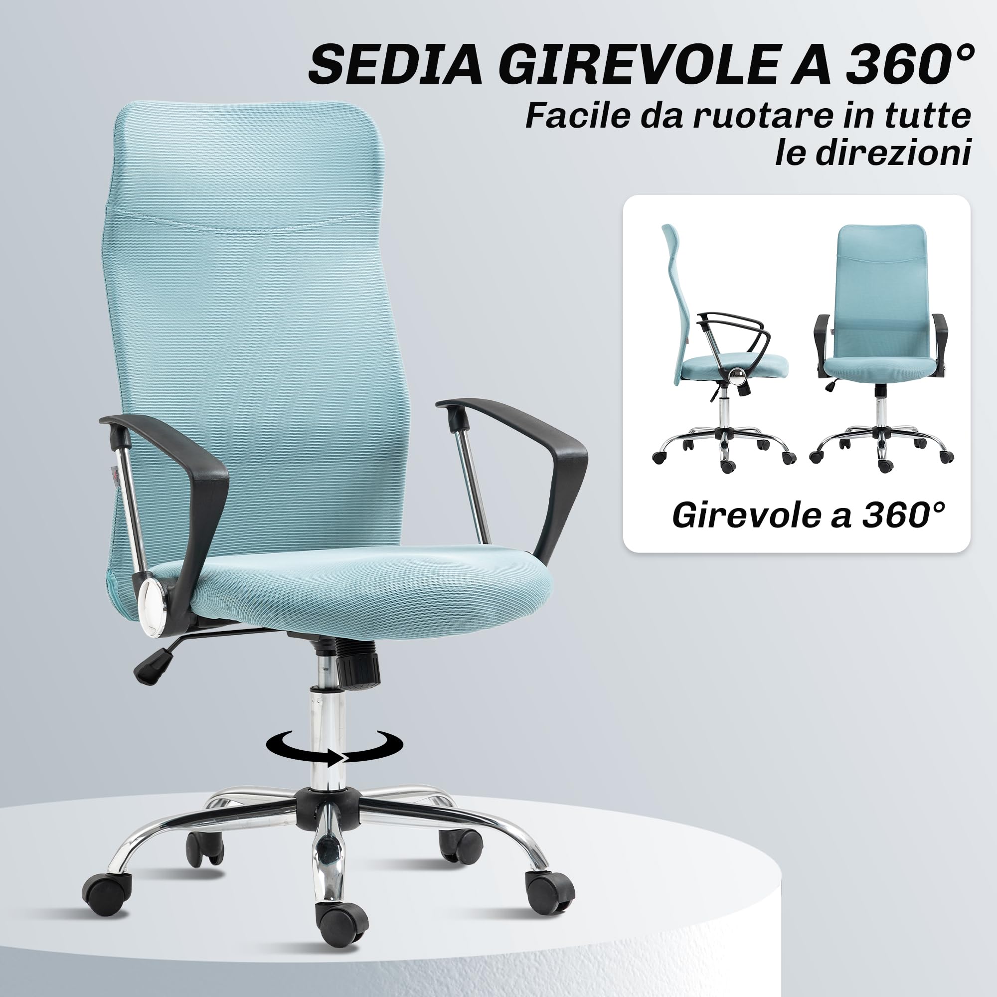 HOMCOM Sedia Ergonomica da Ufficio Girevole e Dondolo con Ruote, Altezza Regolabile e Schienale a Rete, 63x65x109-119 cm, Verde Chiaro