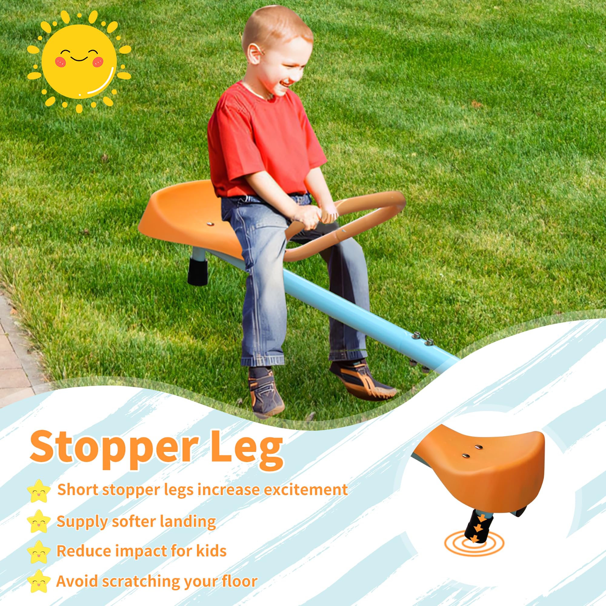 4 Sitzer Wippgerät Kinder 182.88 cm XXL Outdoor Spielzeug mit Rückenlehne und Sicherheitsgriffen Blau Orange Robustes Metallgestell bis 45 kg pro Sitz Garten Terrasse Kindergarten