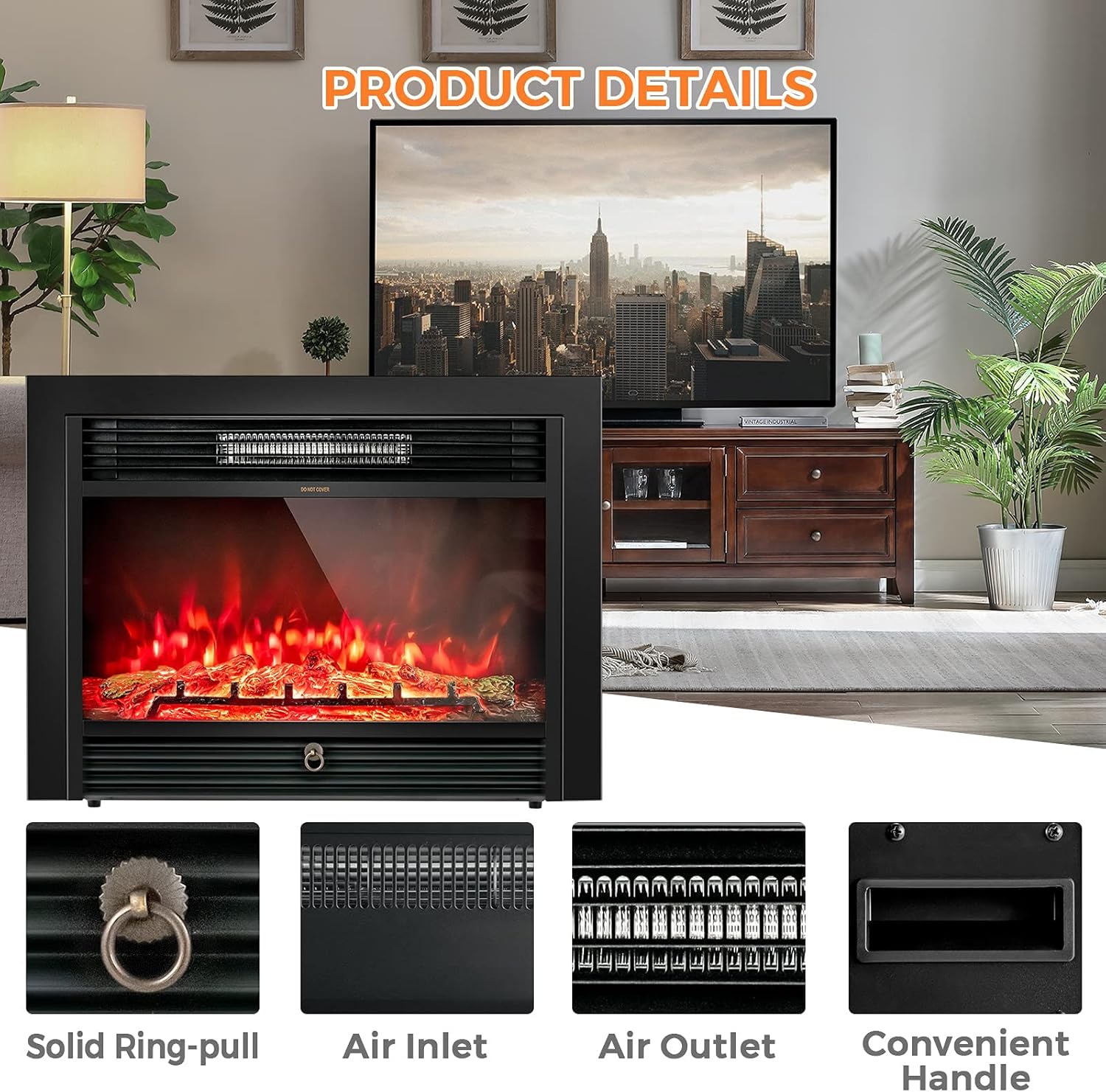 LDAILY 28" Electric Fireplace, Recessed, 3-Color Flame, 5 Brightness, 8H Timer & Remote Control, 750/1500W Freestanding Fireplace Insert Heater, Black (28.5 inches)