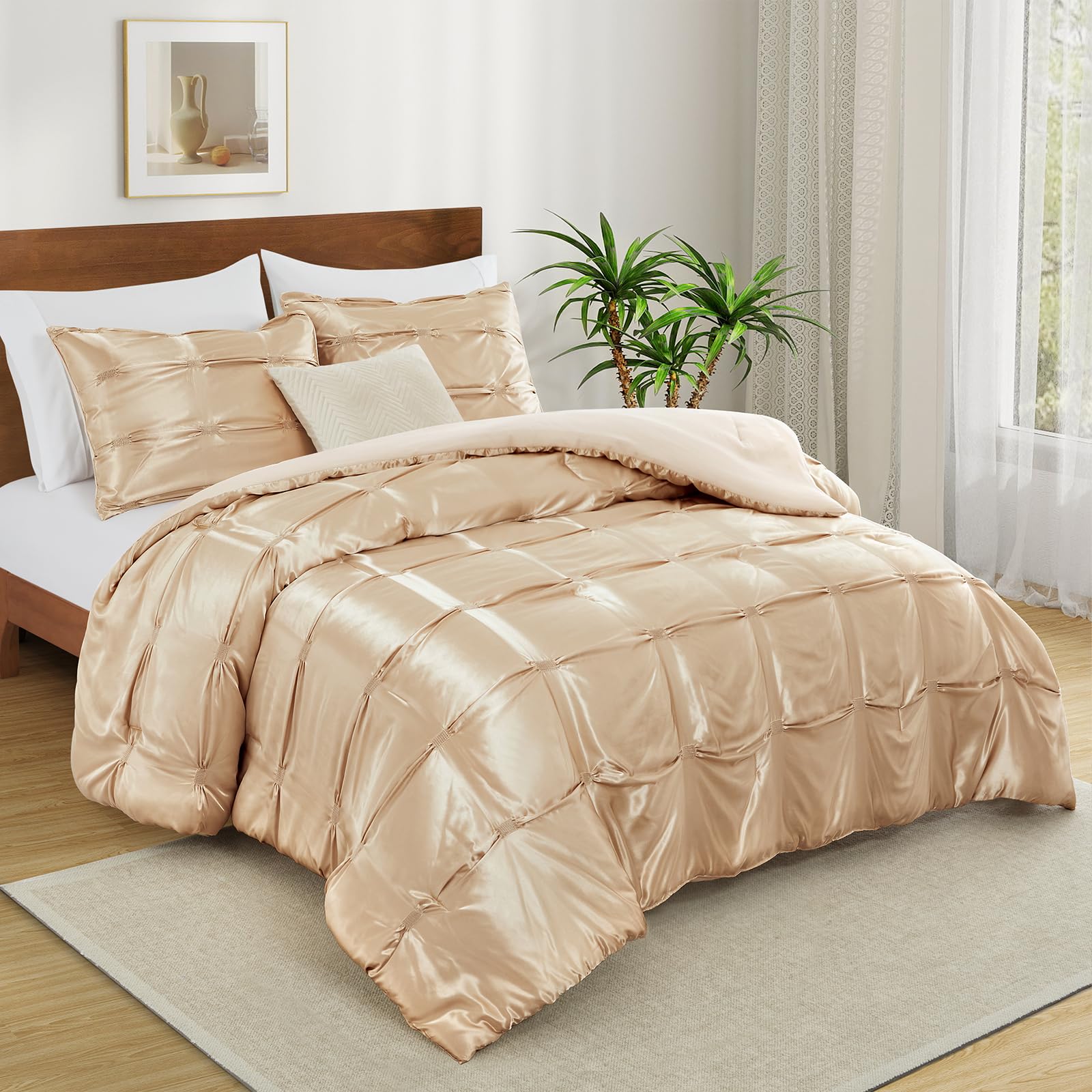 Lanest Housing Twin Size Satin Comforter Set Taupe, 2 Pieces Soft and Lightweight Silk Bedding, All Season Fluffy Down Alternative Comforter Bed Set