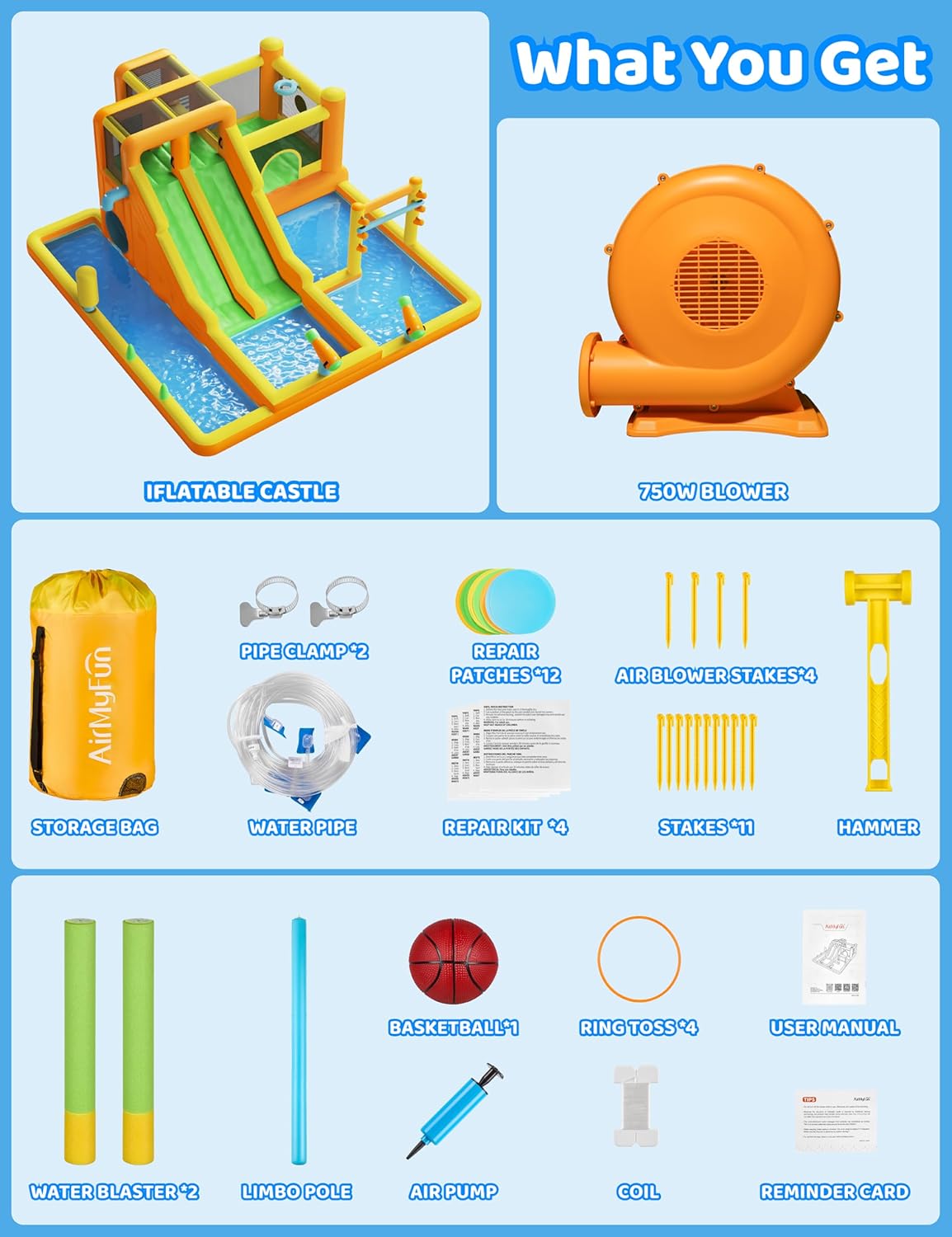 AirMyFun Inflatable Water Slide, 13 in 1 Water Bounce House for Kids Backyard with Double Slides,Splash Pool, Climbing Wall, 2 Water Cannons, Basketball Hoop, Inflatable Water Park with Blower