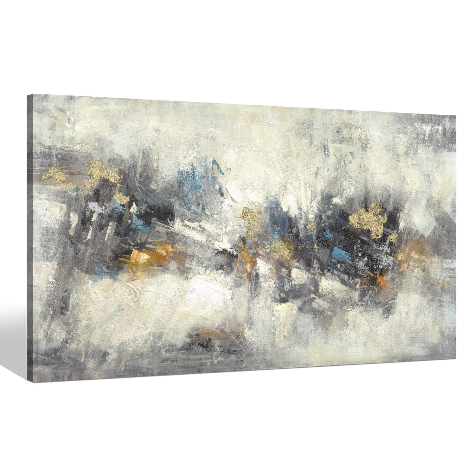 Sea Whisper Grey Abstract Canvas Wall Art: Bedroom Modern Heavy Texture Painting Gold Foils Picture Colorful Artwork for Living Room Decor(20x40)