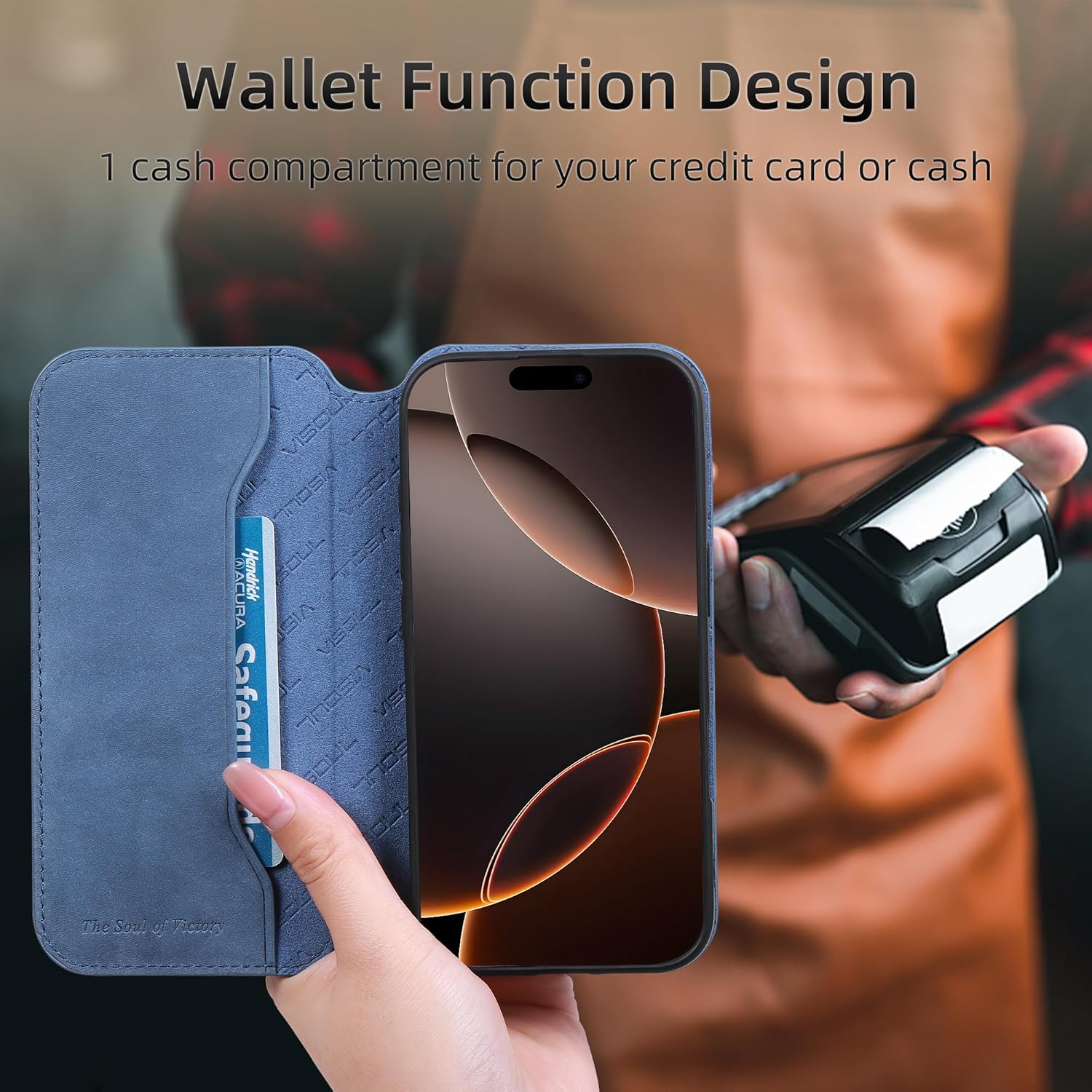 VISOUL Phone Case Wallet for iPhone 16 Pro Max 6.9", Genuine Leather Slim Folio Case with Card Holder Magnetic Soft TPU Flip Cover Compatible with iPhone 16 Pro Max (6.9 inch)-Blue