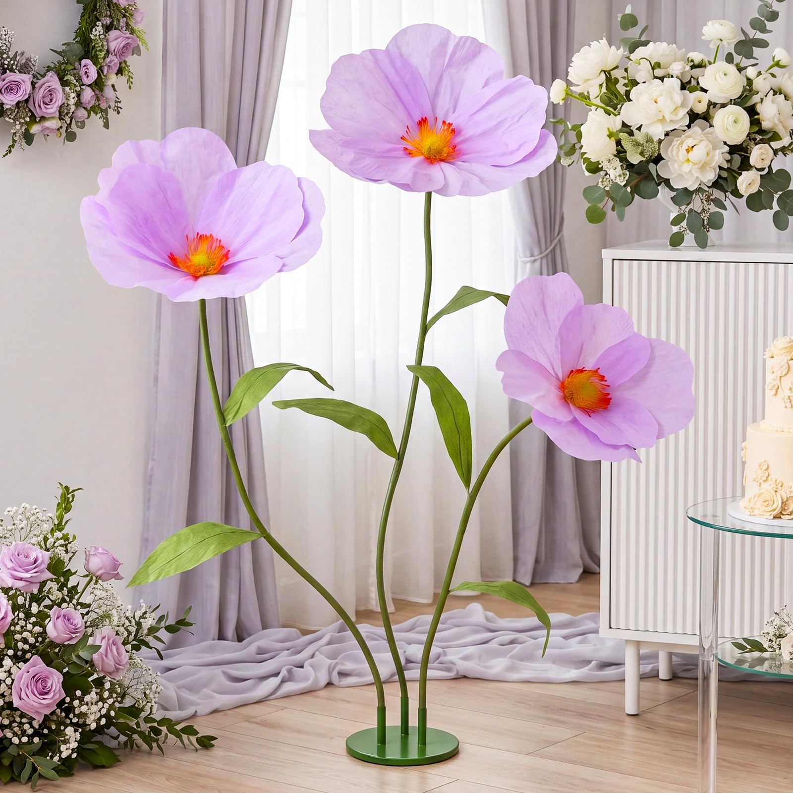 Photo 1 of Rivvlive 6ft Purple Giant Flowers for Decoration with Stand, Large Artificial Poppy, Big Paper Flower Decor for Garden Wedding Party Photography Props Hotel Office Art Gallery Shop Window Display