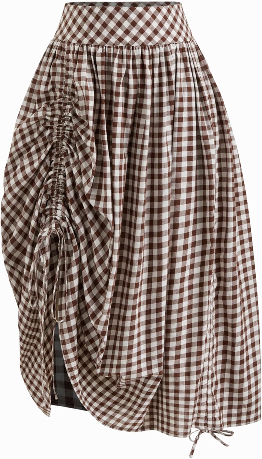 CIDER Skirts for Women Gingham Maxi Skirt Plaid A Line Mid Waist Drawstring Ruffle Hem Long Skirt Casual