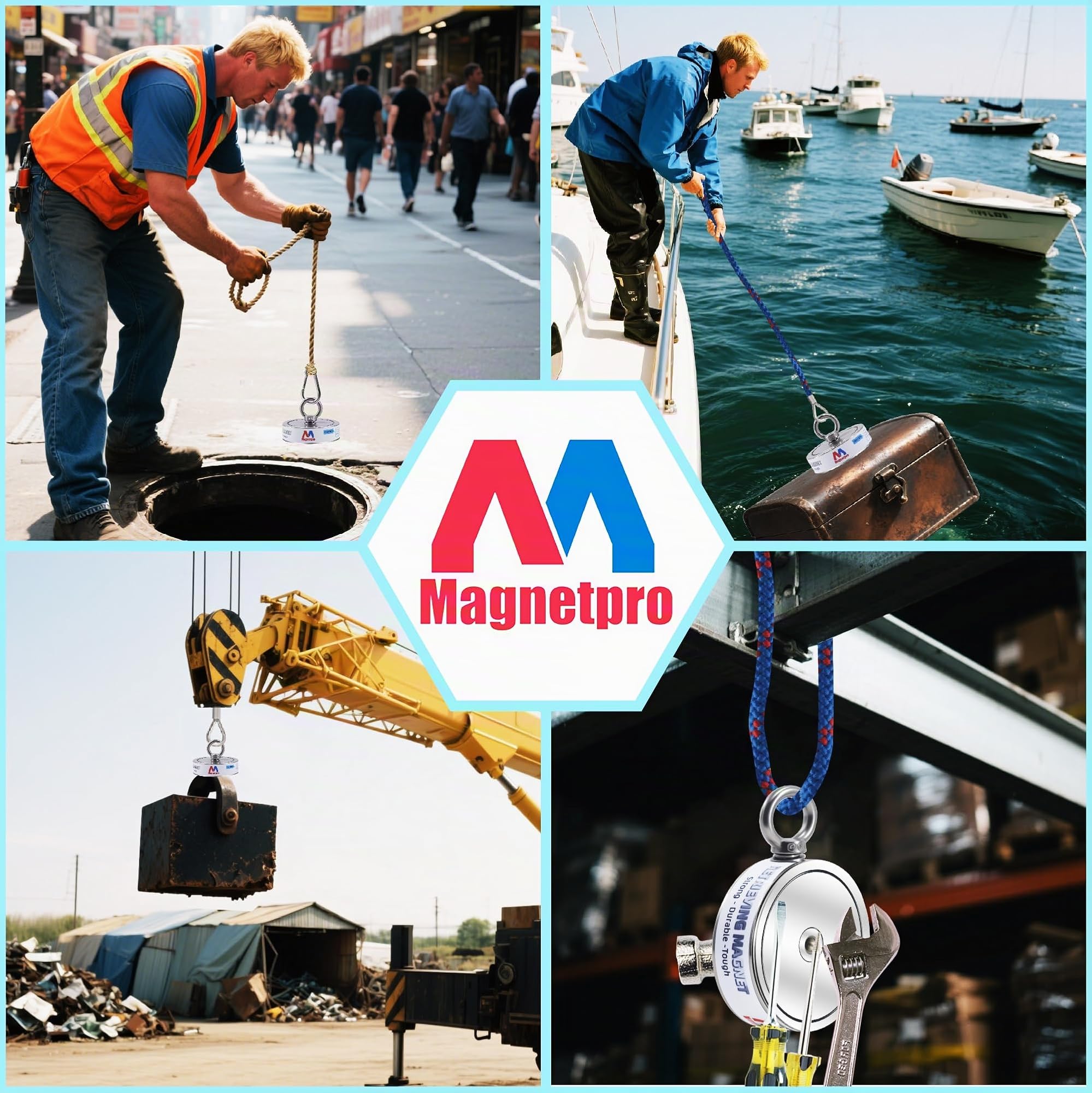 Magnetpro 1360 kg - Kit complet d'aimants de pêche double face - Contient un puissant aimant en néodyme - Corde durable de 20 m - Mousqueton, gants, crochet et sac de transport