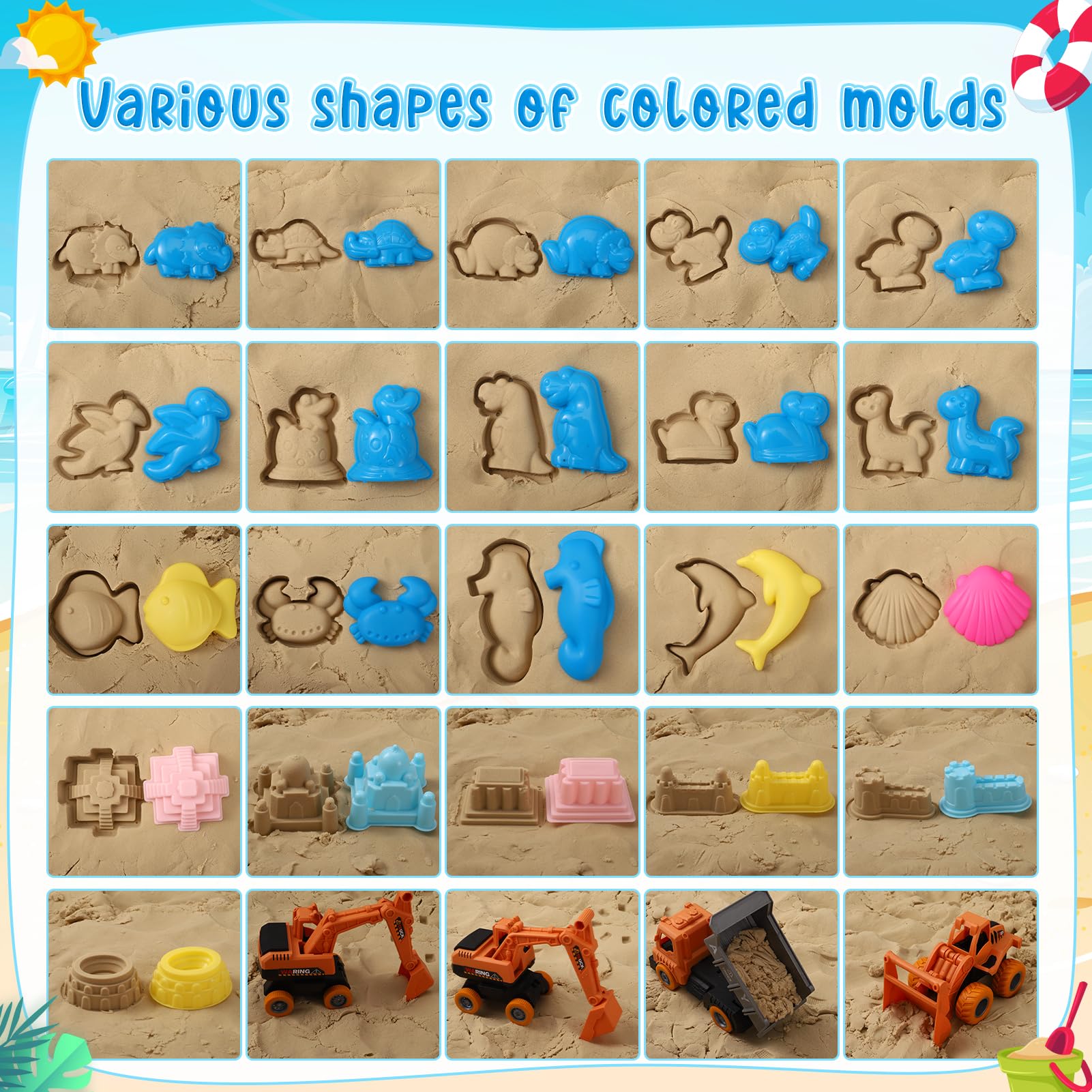 Beach Toys Sandspielzeug, 36 Teile mit 4 Baufahrzeugen, faltbarer Strandeimer, 2 Schlosswürfel, 1 Stück, Sandburg, Schaufelset