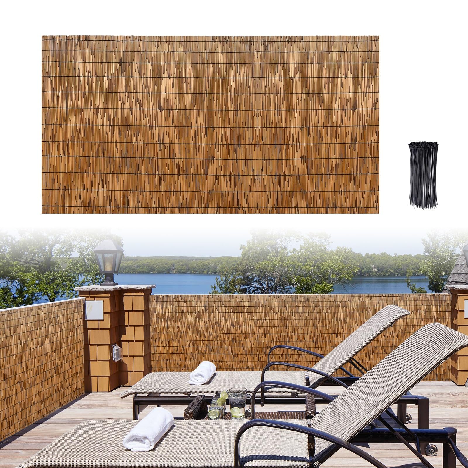 Bambusowy naturalny parawan ogrodzeniowy, 60 cm, 160 cm, wysokość, trwały, na balkon, patio i ogród, karbonizowany, czarna linia, na zewnątrz, bambusowy baldachim prywatności, panel ogrodzeniowy