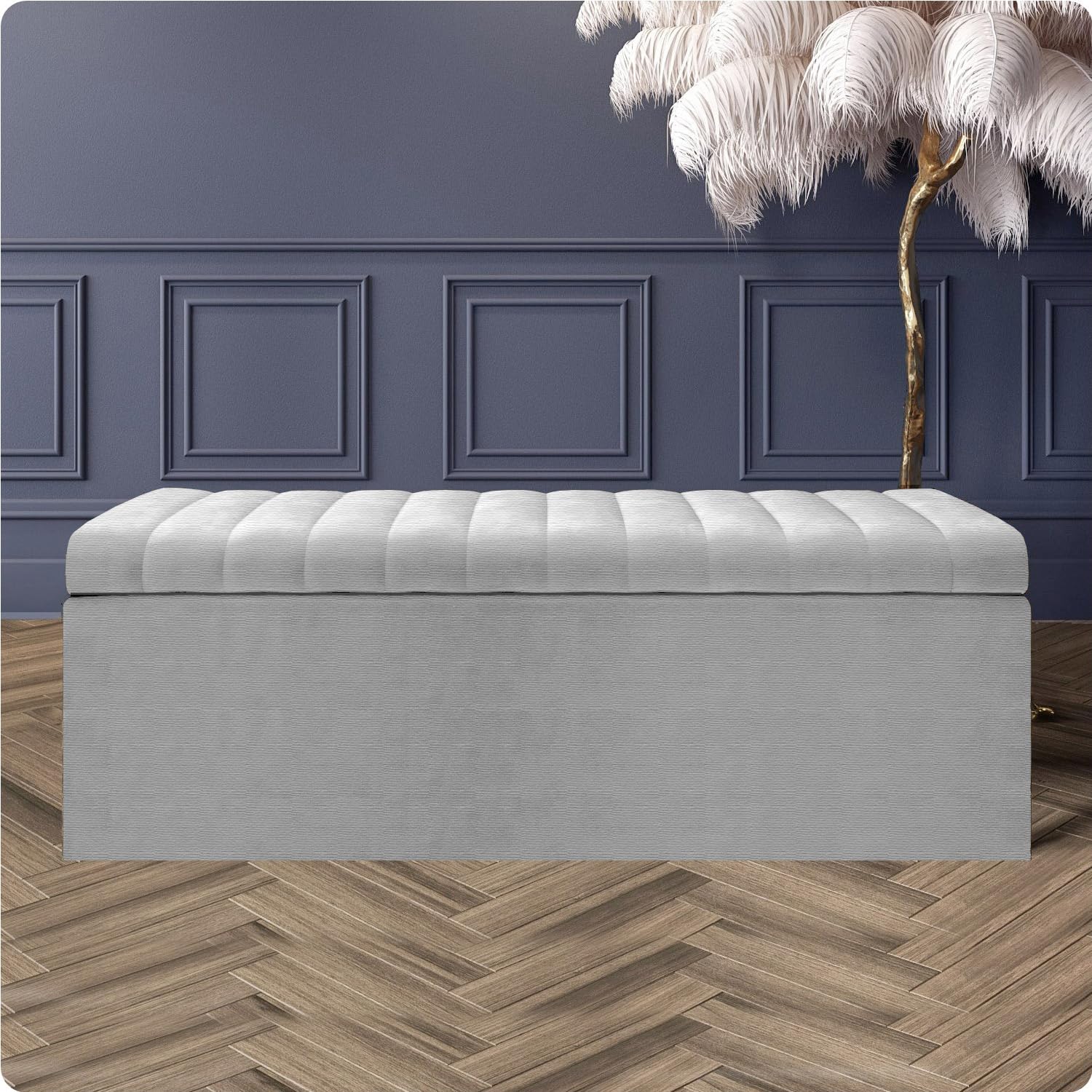 Naples Velvet Ottoman Storage Box, Upholstered Blanket Box with Hinged Lid, Bedroom Storage Ottoman, End of Bed Storage Bench, Padded Ottoman Storage Seat for Living Room & Hallway