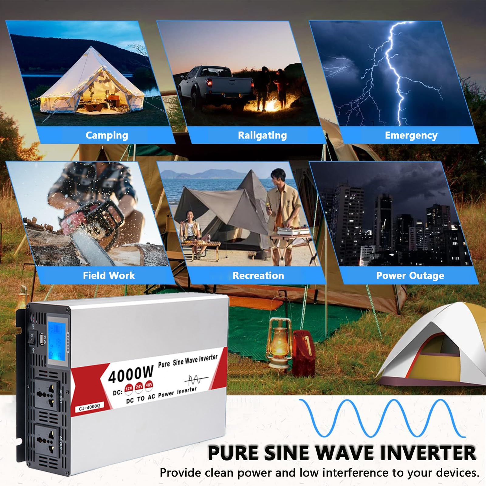 Przetwornica napięcia czystej fali sinusoidalnej Przetwornica prądu stałego na 110 V 220 V dla rodzinnego samochodu kempingowego Off Grid Solar Car z 2 gniazdkami prądu przemiennego,48V8000W