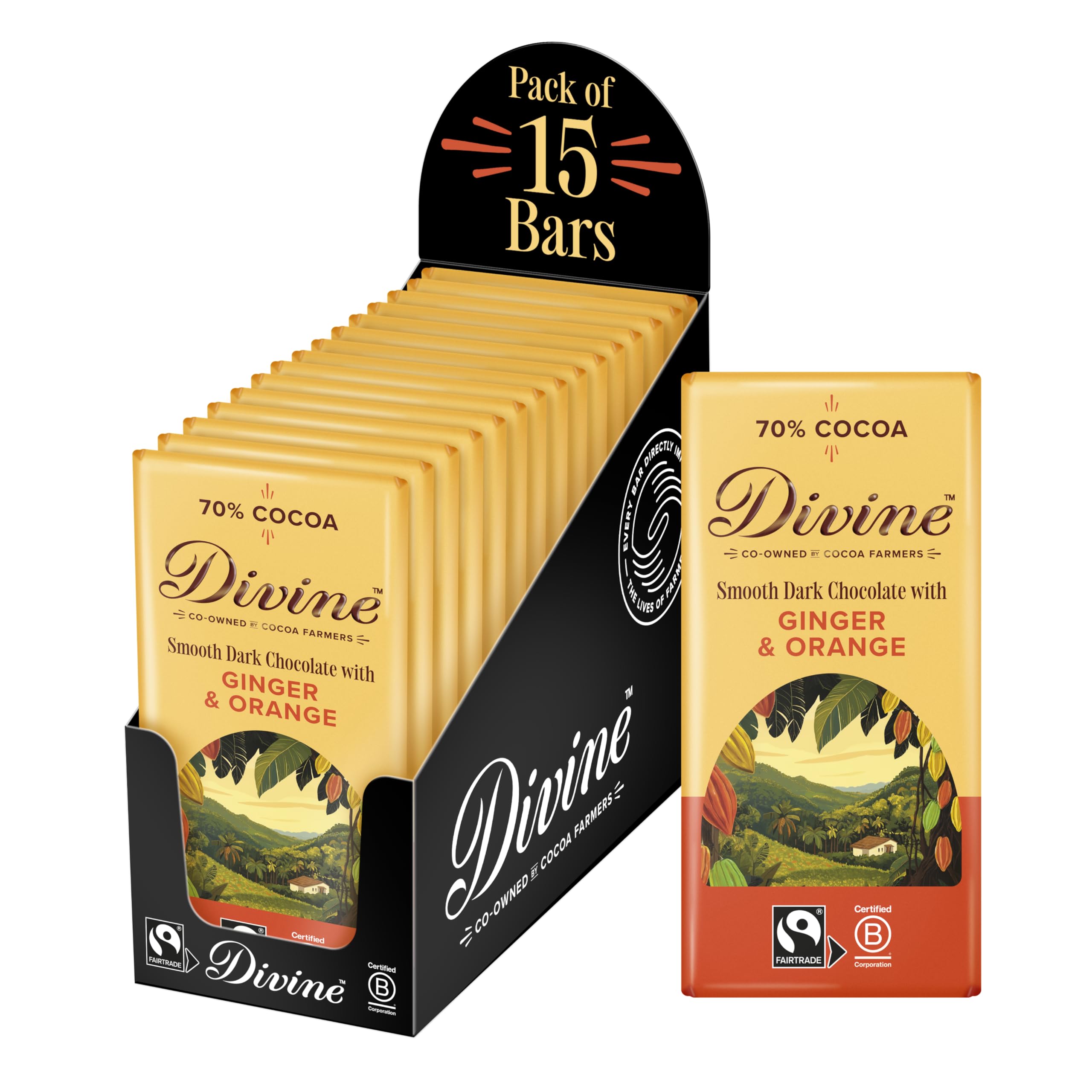 Divine 70% Cocoa Dark Chocolate with Ginger & Orange 15 x 90g Bars – Fairtrade Dark Chocolate – Warming Ginger & Zesty Orange Pieces – Ethical Premium Chocolate