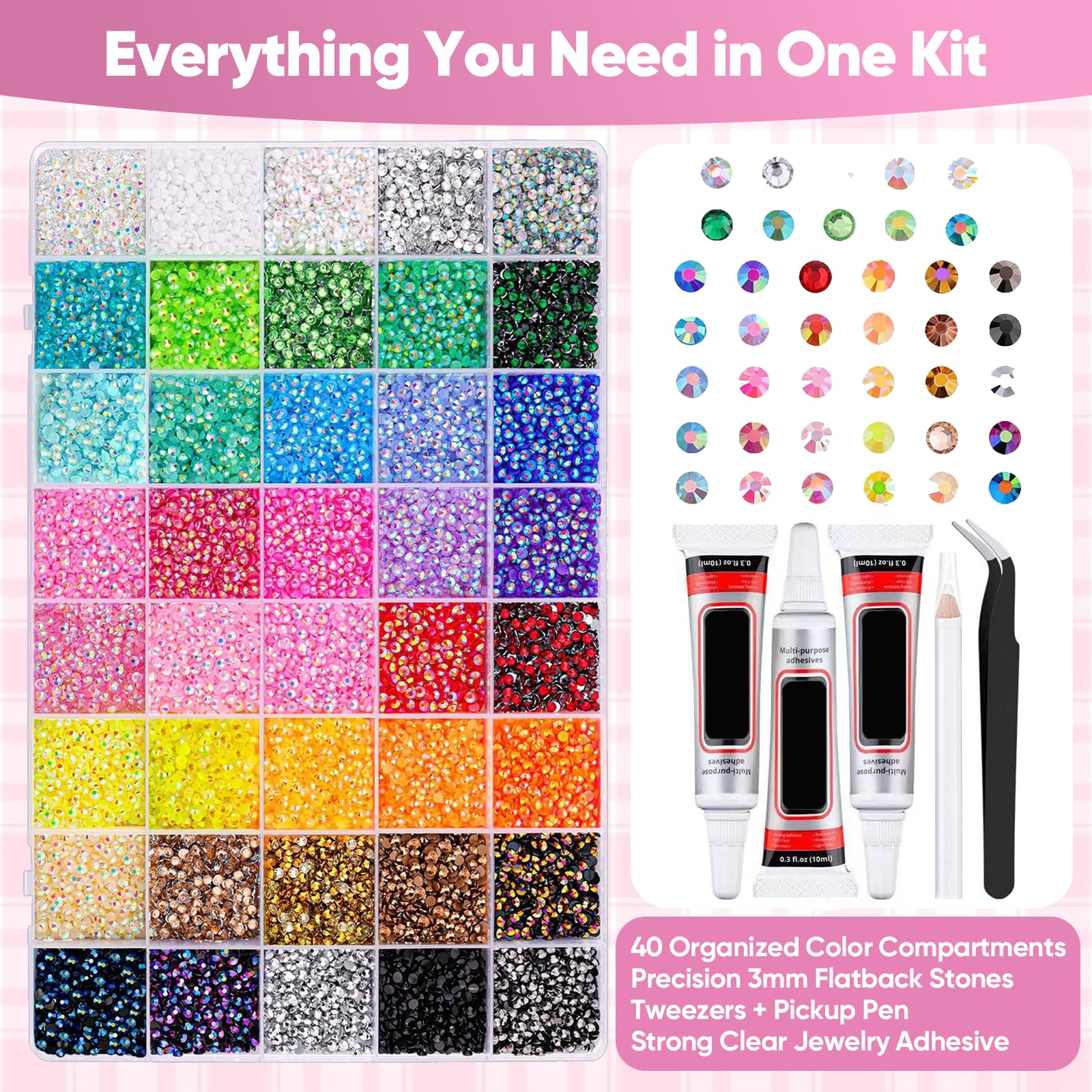 40000Pcs 40 Colors Resin Rhinestone Bedazzling Kit 3mm Small, Jelly Rhinestone Kit for Bedazzling Flatback Gems, for Clothes Nail Book Diamond Art - 3