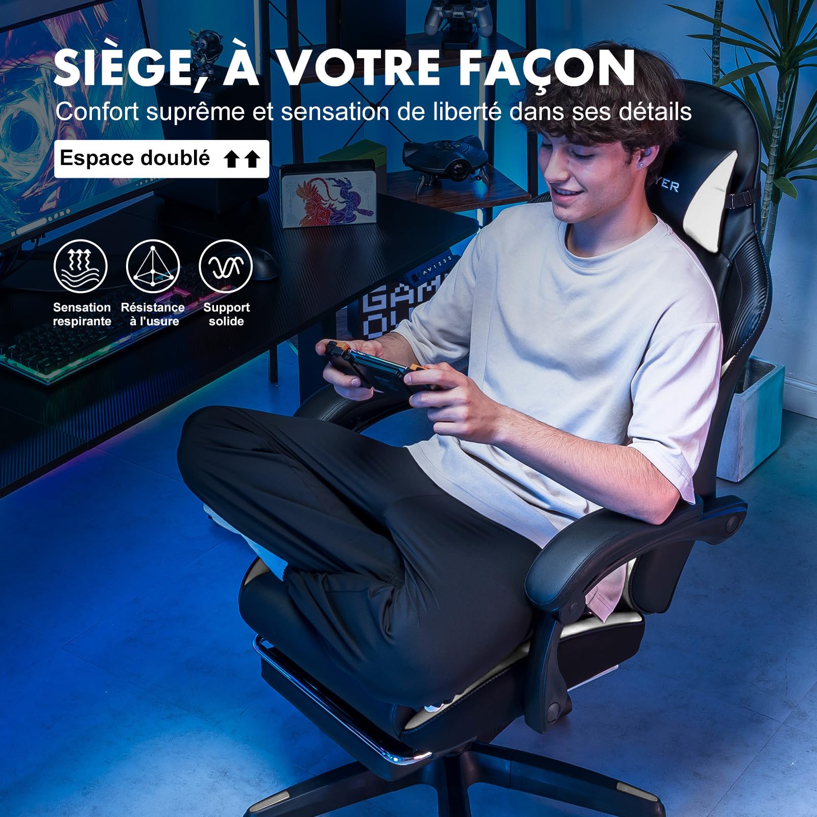 GTPLAYER Chaise Gaming, Chaise de Bureau Ergonomique Réglable en Hauteur, Utilisable en Hiver et en Été, avec Dossier Double, Repose-Pieds, Housse Amovible et Support Lombaire, Supporte 150 kg, Blanc