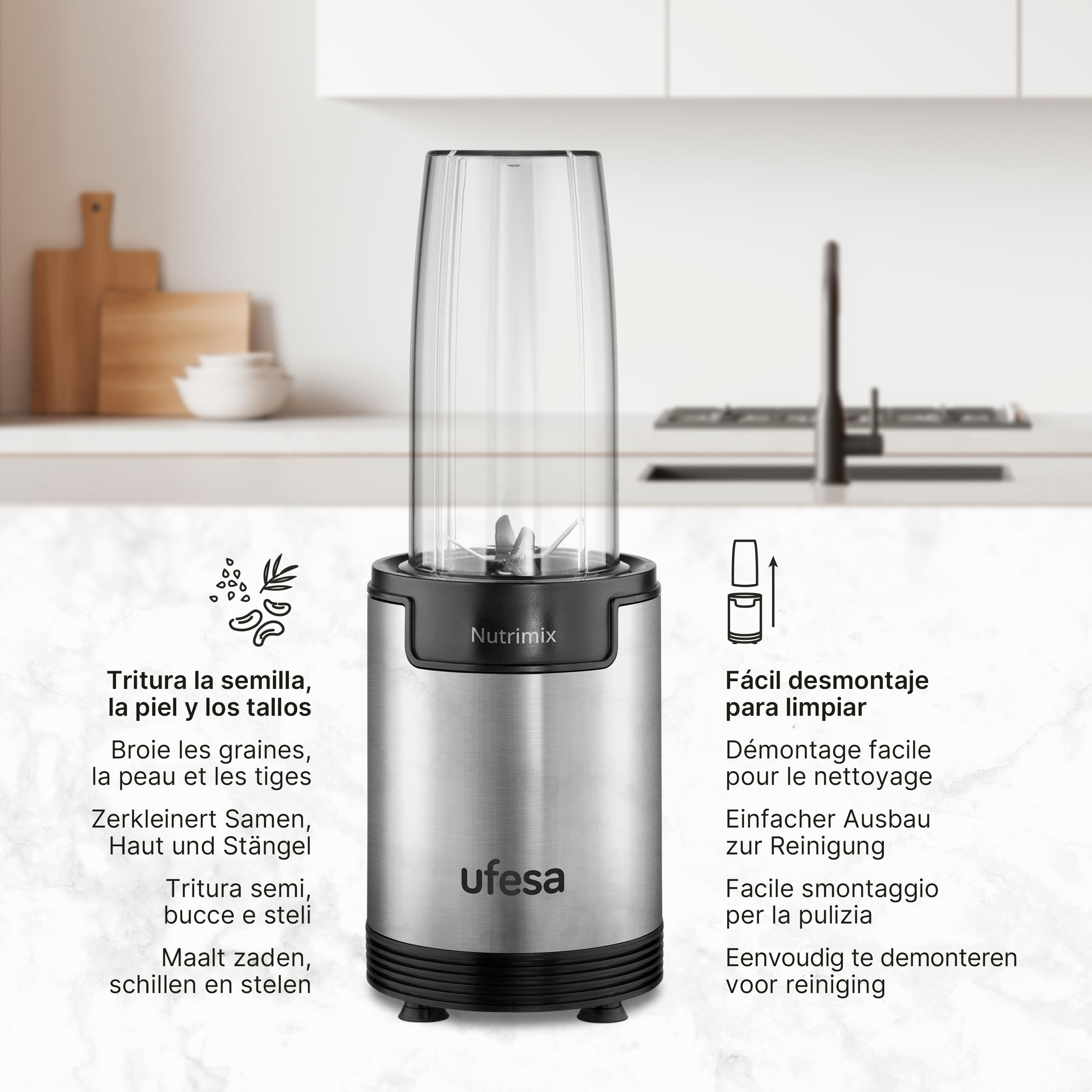 Ufesa Nutrimix Mixeur à Verre Individuel, Extracteur de Nutriments et Vitamines Multifonction, 900W de Puissance, Lames en Acier Inoxydable, Smoothies et Shakes, Broie de la Glace, Accessoires 6 en 1