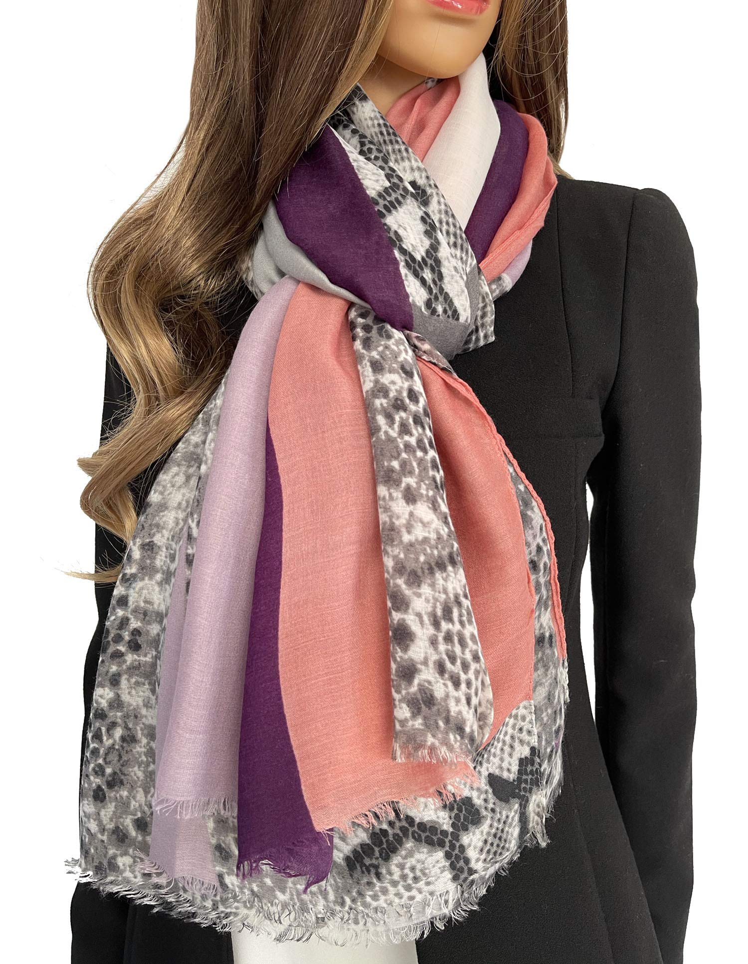 The Accessory Co. Women's Pink Purple Large Snakeskin Scarf For Leopard Print, Animal Shawl Wrap, Lightweight Scarves, Block Print Mustard Yellow Red Orange Green Purple (Pink Purple)
