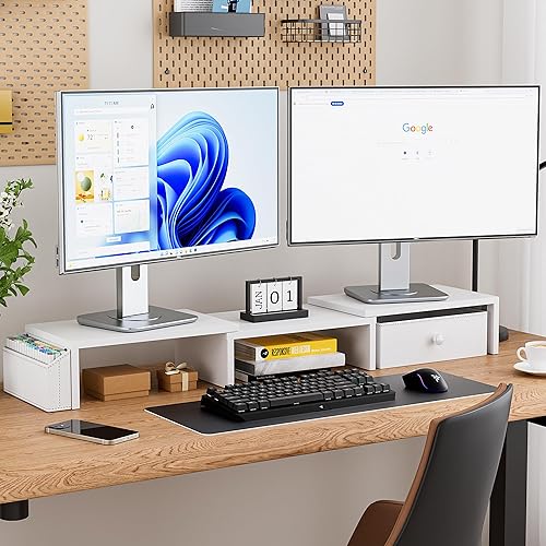 Miniatura 2 de Soporte para monitor doble, longitud ajustable y soporte de monitor de ángulo giratorio, soporte ergonómico para monitor con cajón y bolsillos