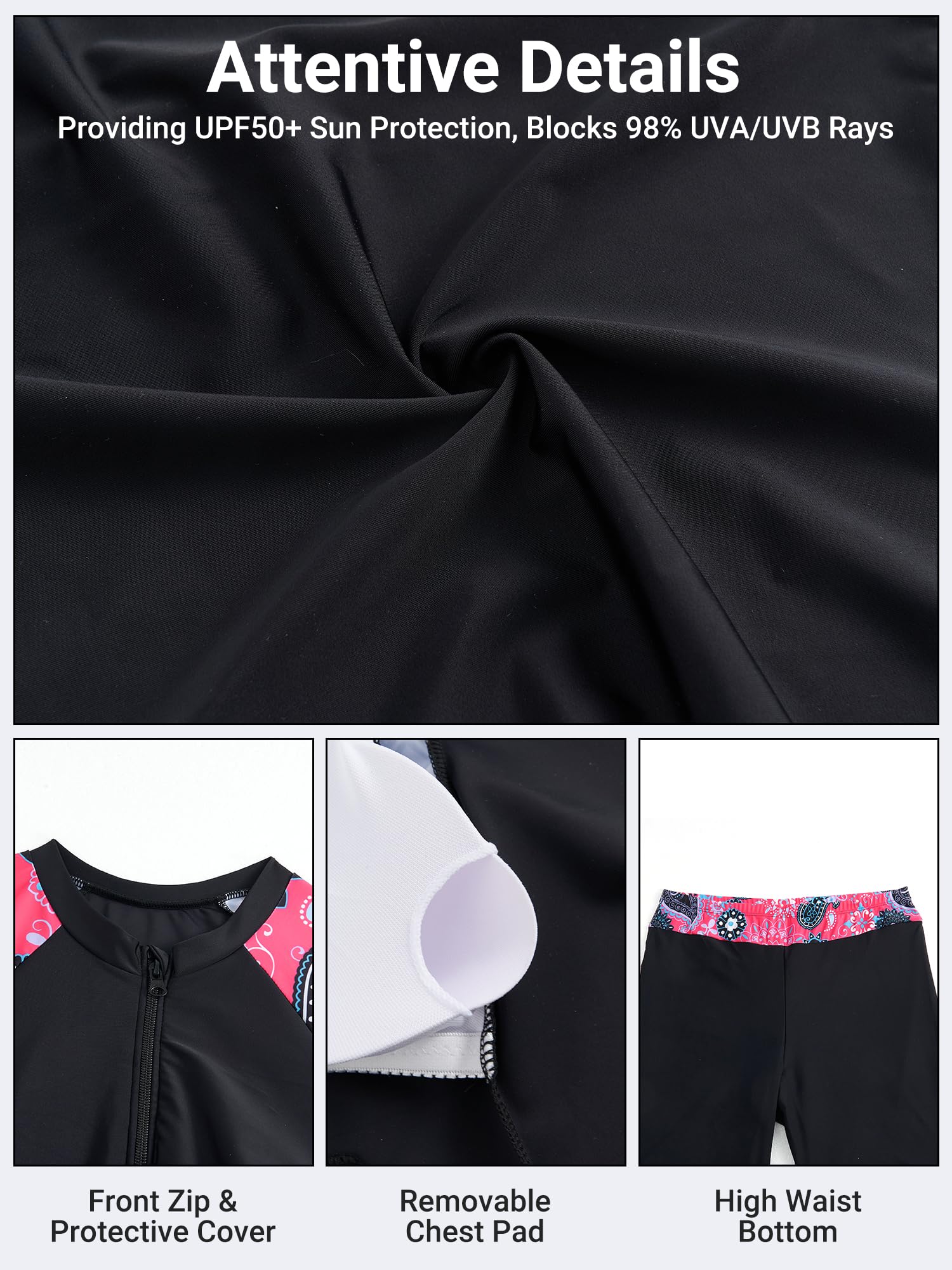 Owntop Maillot de bain 2 pièces UPF 50+ à manches longues avec fermeture éclair et short taille haute pour femme Natation Surf