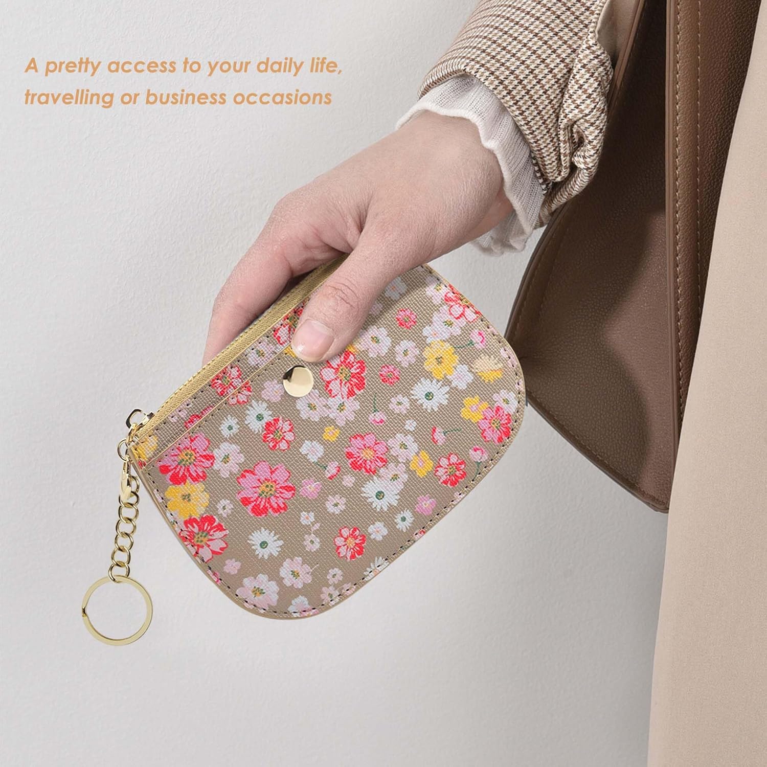 Coin Purse Wallet with Keyring, Small Zipper Pouch, Credit Card Holder, Taupe with Pink and Yellow Flowers (Taupe) - Image 9